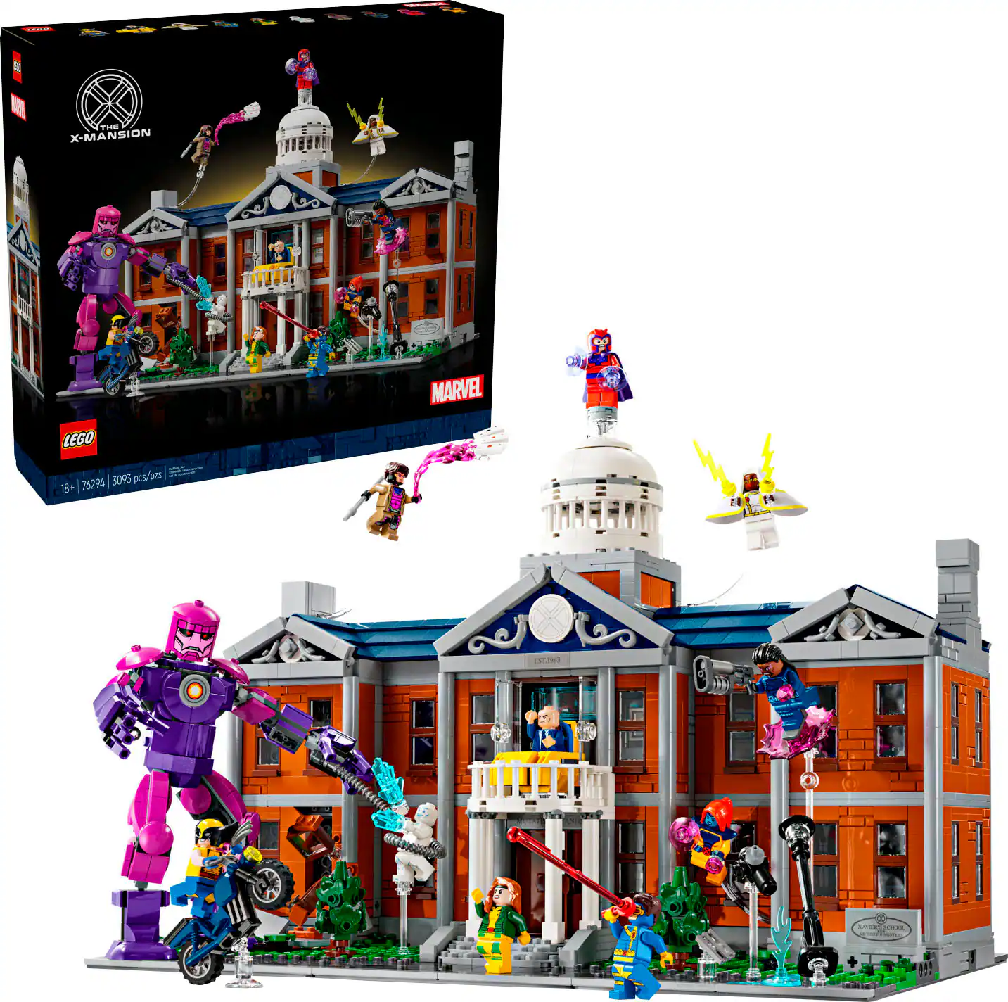 The image features a large Lego set of a building, likely the X-Mansion from the Marvel universe. The set includes various characters and vehicles, such as motorcycles and a car. The building itself is quite elaborate, with a clock on its side and a dome-like structure. The Lego set is displayed in front of the building, showcasing the impressive details and design of the set.