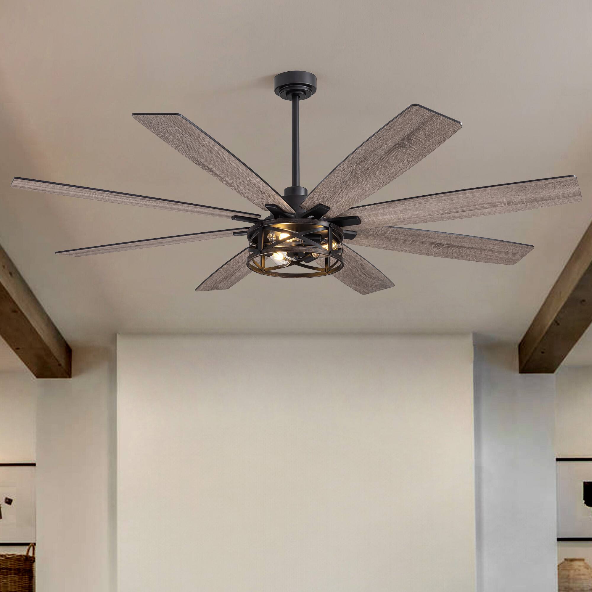 Angle. Siljoy - 72-Inch Industrial Caged Ceiling Fan with Light - 8 Weathered Gray Blades, Reversible Motor & Adjustable Downrod Mount.