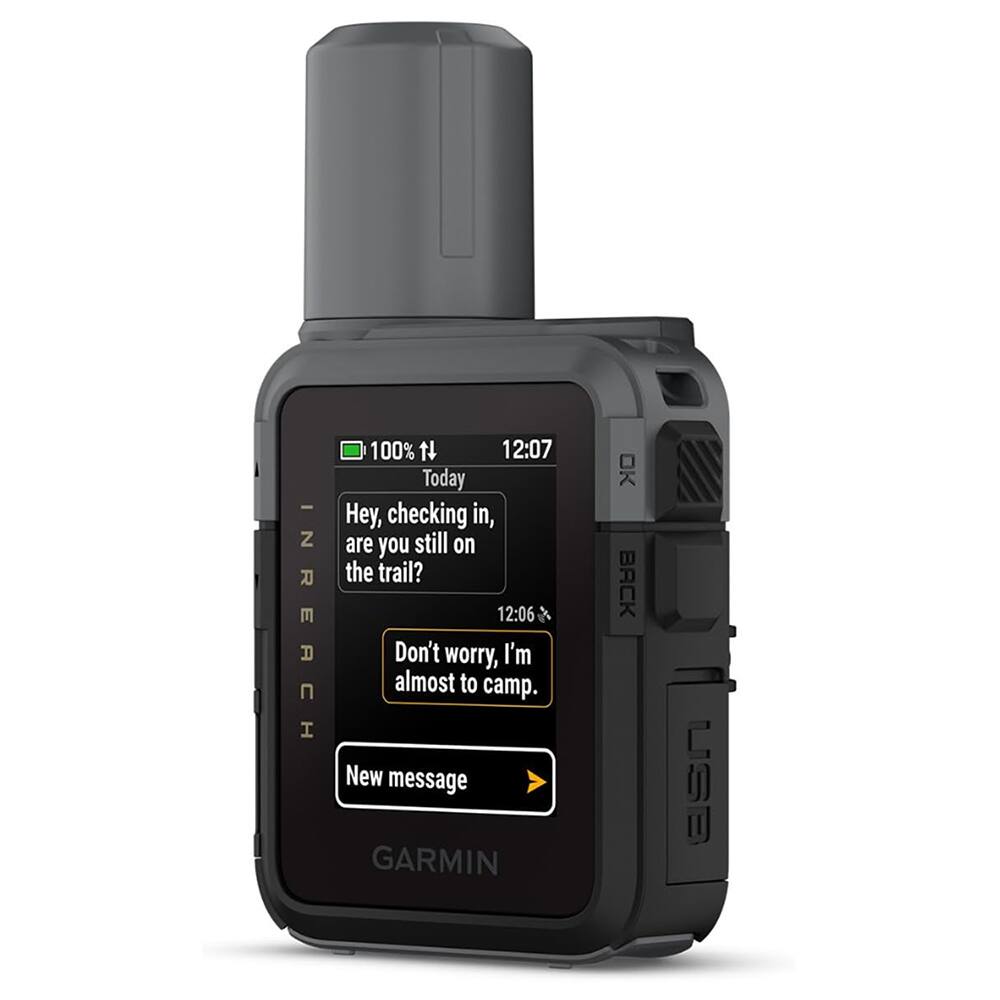 - Z E INREACH A 100% N 12:07 Today Hey, checking in, are you still on the trail? 12:06 Don't worry, I'm almost to camp. New message GARMIN BACK USE