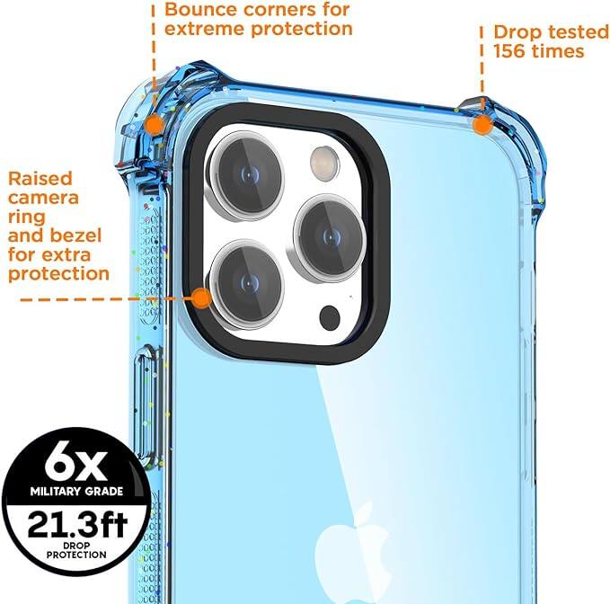 Bounce corners for extreme protection, Drop tested 156 times, Raised camera ring and bezel for extra protection, 6x MILITARY GRADE 21.3ft DROP PROTECTION