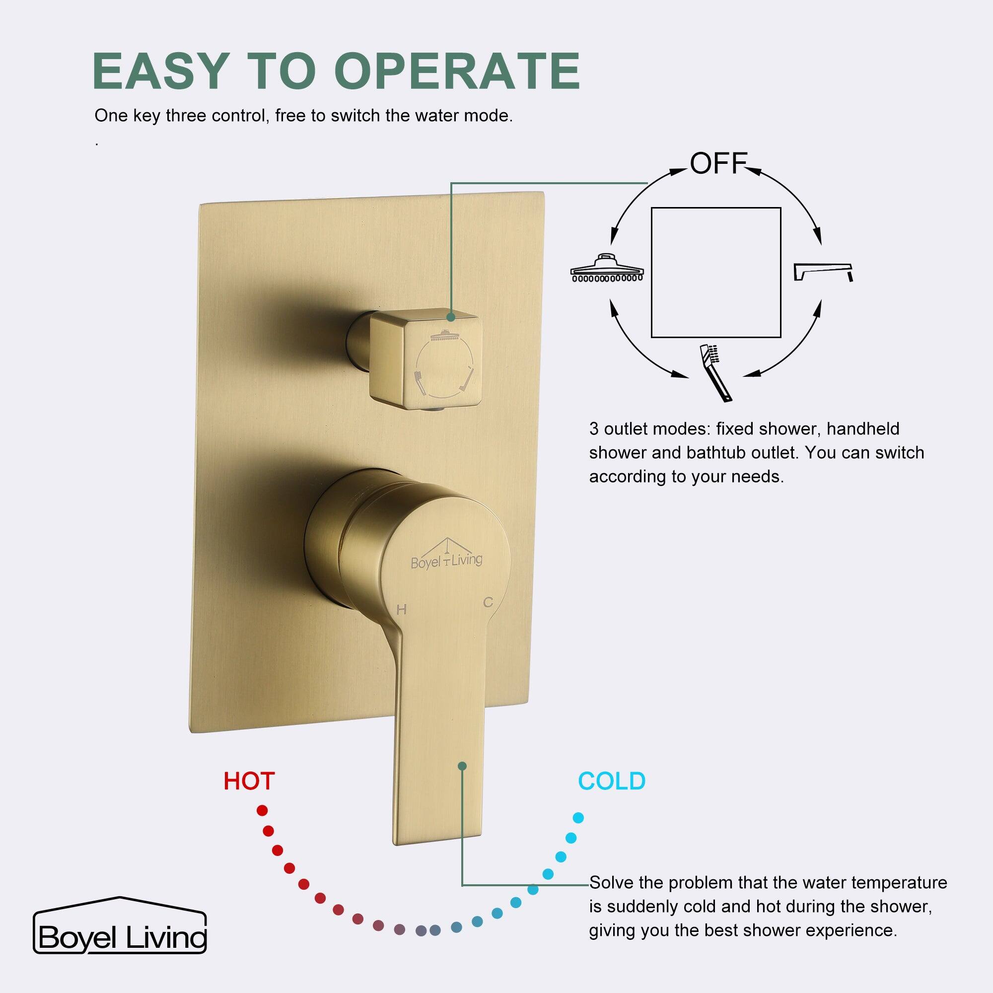 EASY TO OPERATE One key three control, free to switch the water mode. OFF 3 outlet modes: fixed shower, handheld shower and bathtub outlet. You can switch according to your needs. Boyel Living H C HOT COLD Boyel Living Solve the problem that the water temperature is suddenly cold and hot during the shower, giving you the best shower experience.