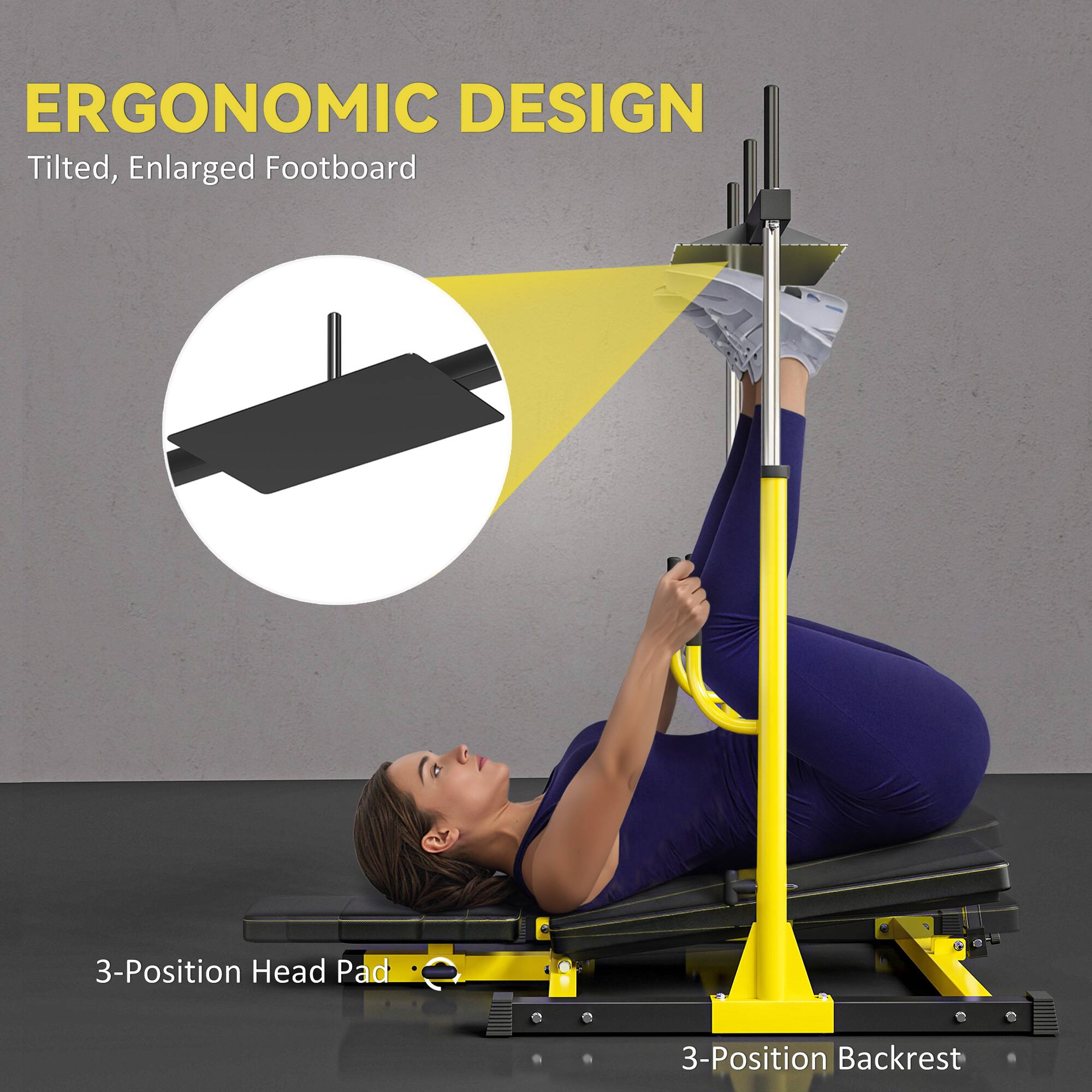 ERGONOMIC DESIGN  
Tilted, Enlarged Footboard  
3-Position Head Pad  
3-Position Backrest