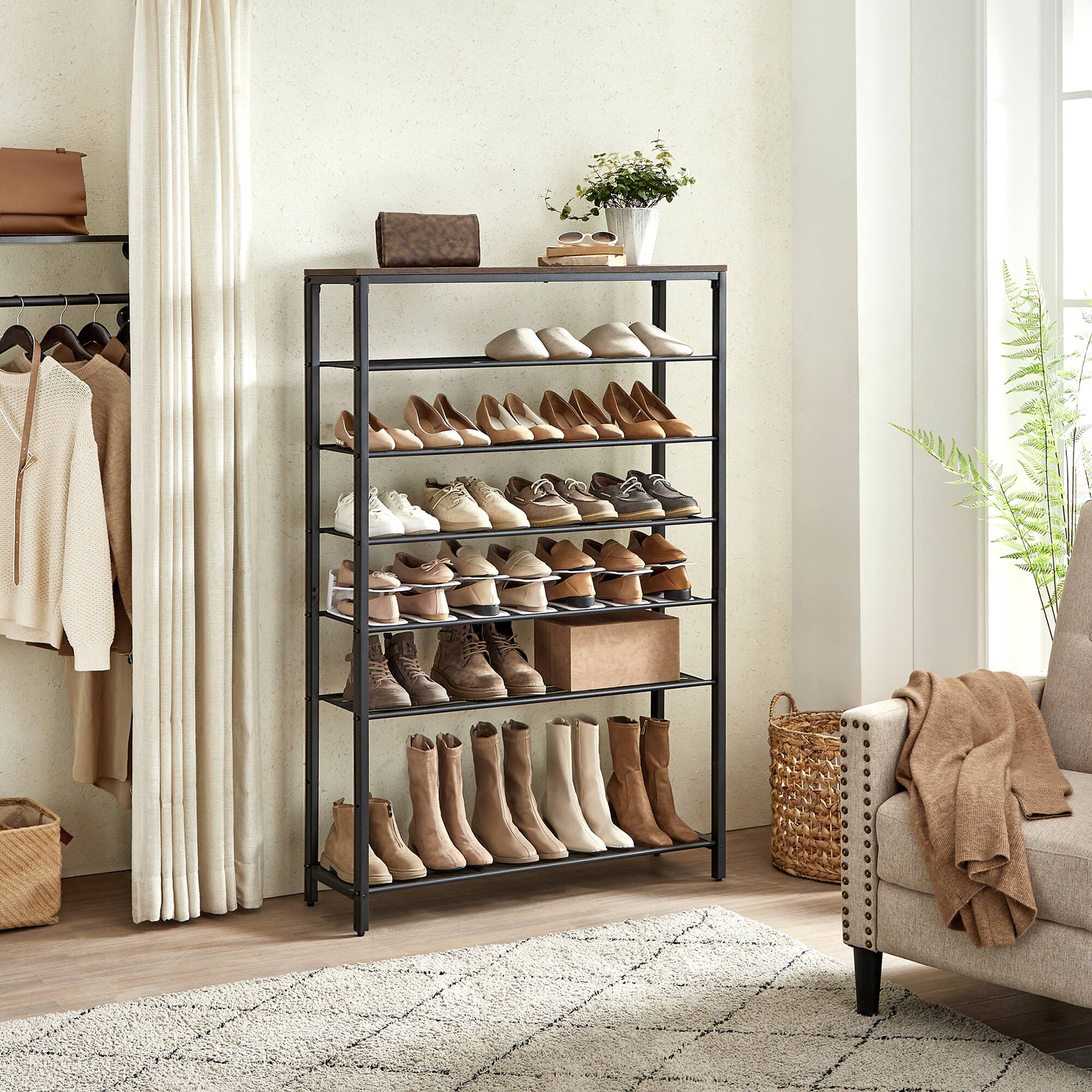 Left. Songmics Home - 8-Tier Shoe Rack, Large Shoe Storage Organizer for Closet, Entryway, 32-40 Pairs, with 7 Metal Mesh Shelves - Rustic Brown and Black.
