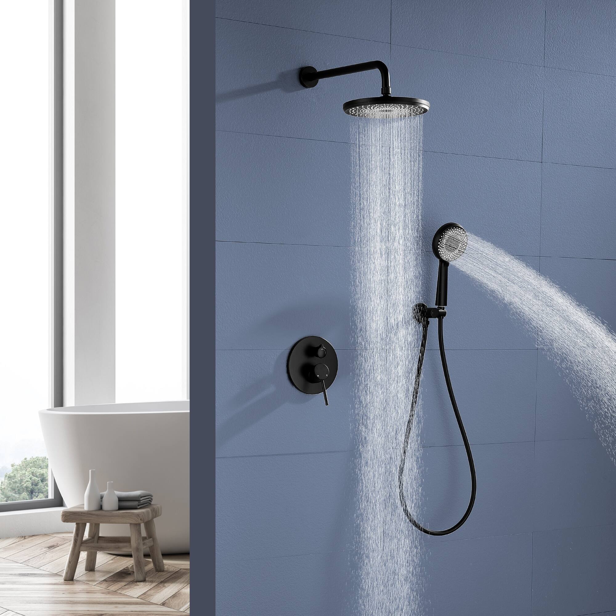 Alt View 2. Boyel Living - Matte Black 9-Inch Rain Shower System Brass ABS 2-Function Valve 6-Function Handheld cUPC - Black.