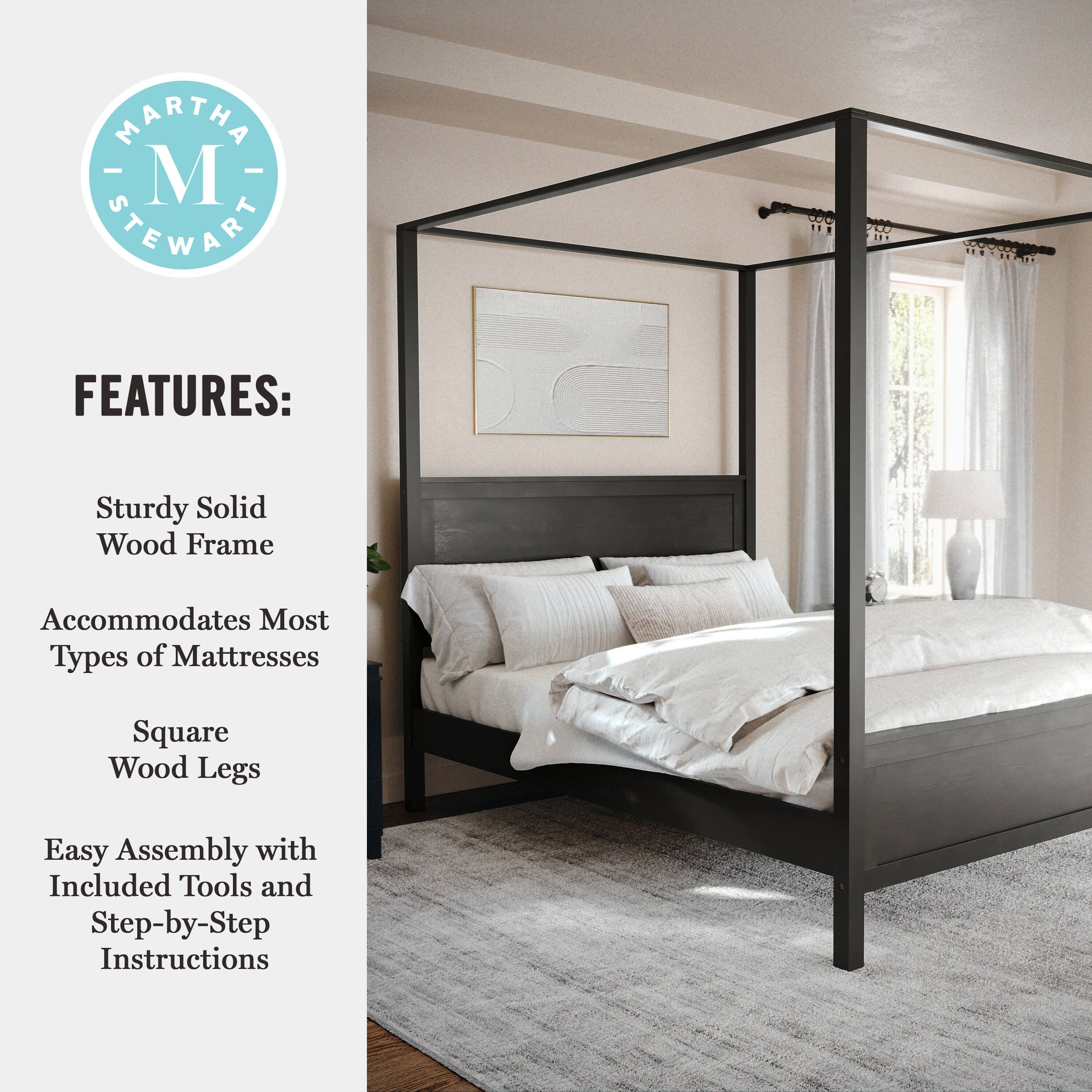 MARTHA STEWART FEATURES: Sturdy Solid Wood Frame Accommodates Most Types of Mattresses Square Wood Legs Easy Assembly with Included Tools and Step-by-Step Instructions