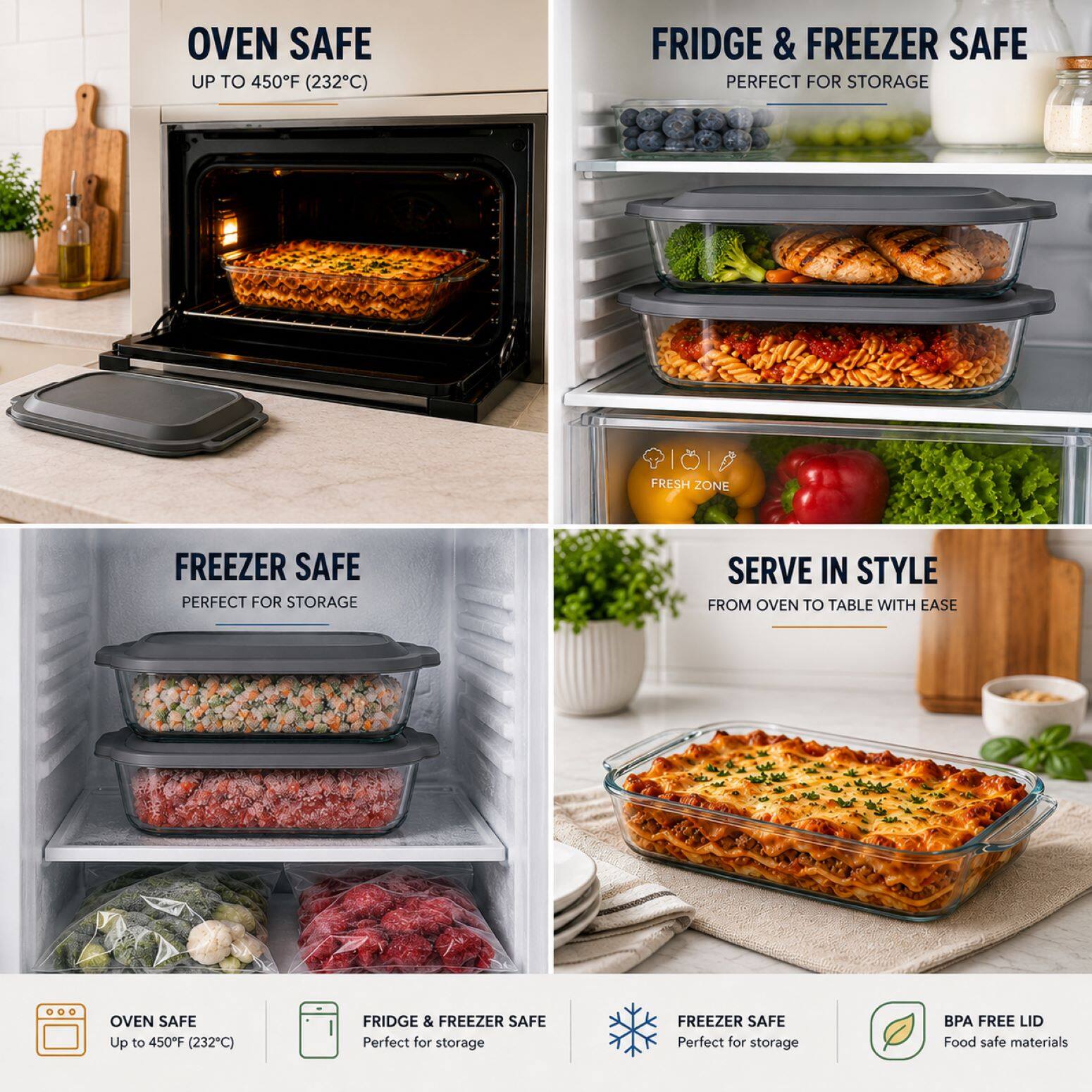 OVEN SAFE UP TO 450°F (232°C)  
FRIDGE & FREEZER SAFE  
PERFECT FOR STORAGE  
FREEZER SAFE  
PERFECT FOR STORAGE  
SERVE IN STYLE FROM OVEN TO TABLE WITH EASE  
OVEN SAFE Up to 450°F (232°C)  
FRIDGE & FREEZER SAFE Perfect for storage  
FREEZER SAFE Perfect for storage  
BPA FREE LID  
Food safe materials