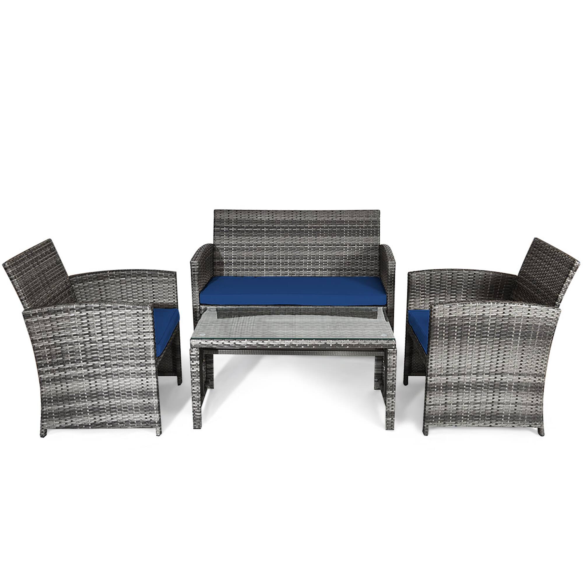 Alt View 8. Gymax - Gymax 4PCS Patio Outdoor Rattan Conversation Furniture Set w/ Navy Cushion - Navy.