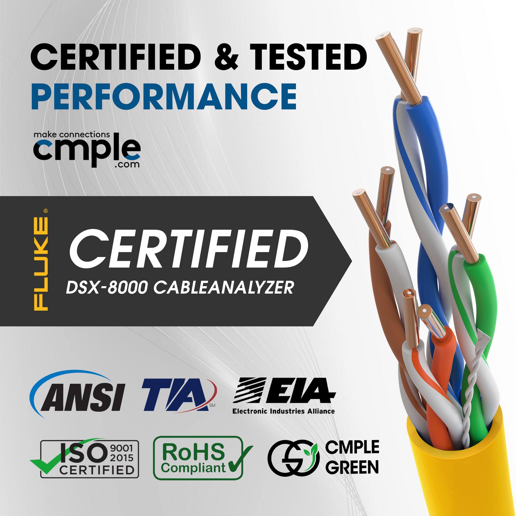 CERTIFIED & TESTED PERFORMANCE  
make connections cmple.com  

CERTIFIED  
DSX-8000 CABLEANALYZER  

ANSI TIA  
Electronic Industries Alliance  

ISO 9001 2015  
RoHS CERTIFIED Compliant  

CMPLE GREEN