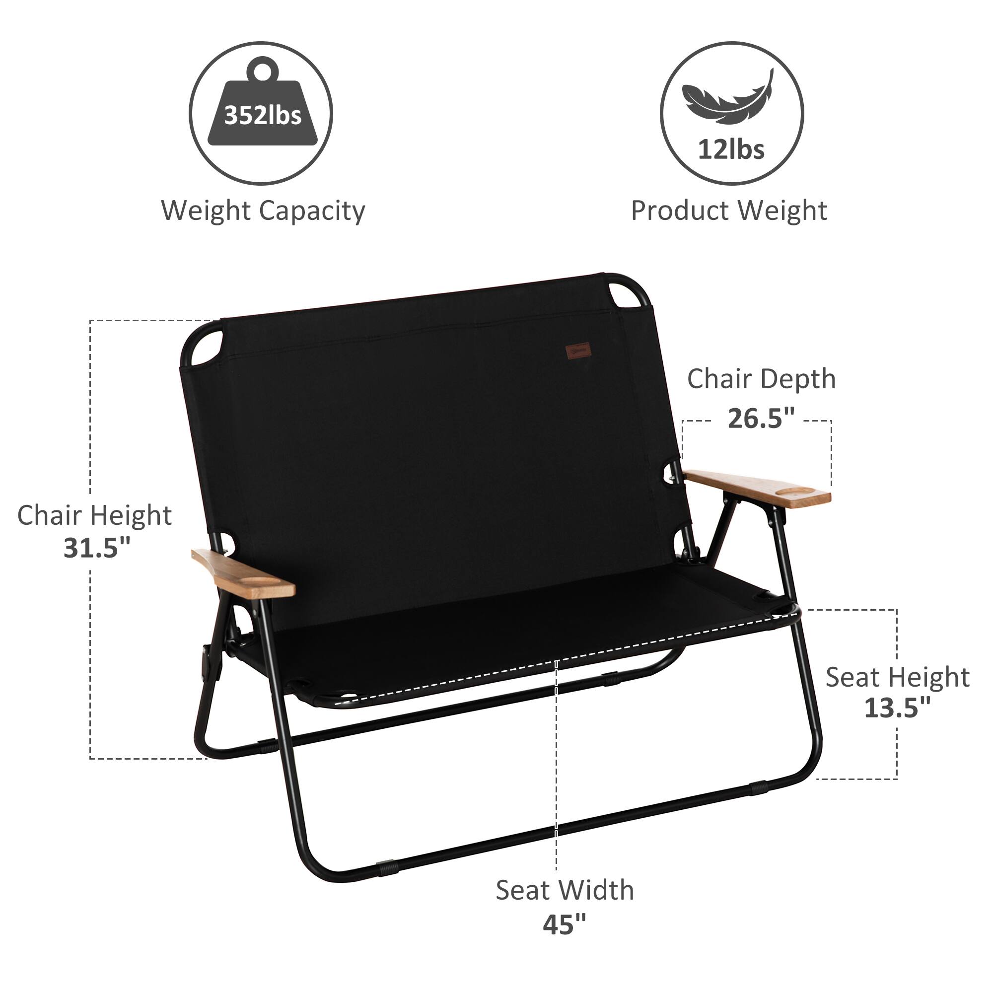 Weight Capacity: 352lbs
Product Weight: 12lbs
Chair Depth: 26.5"
Chair Height: 31.5"
Seat Height: 13.5"
Seat Width: 45"