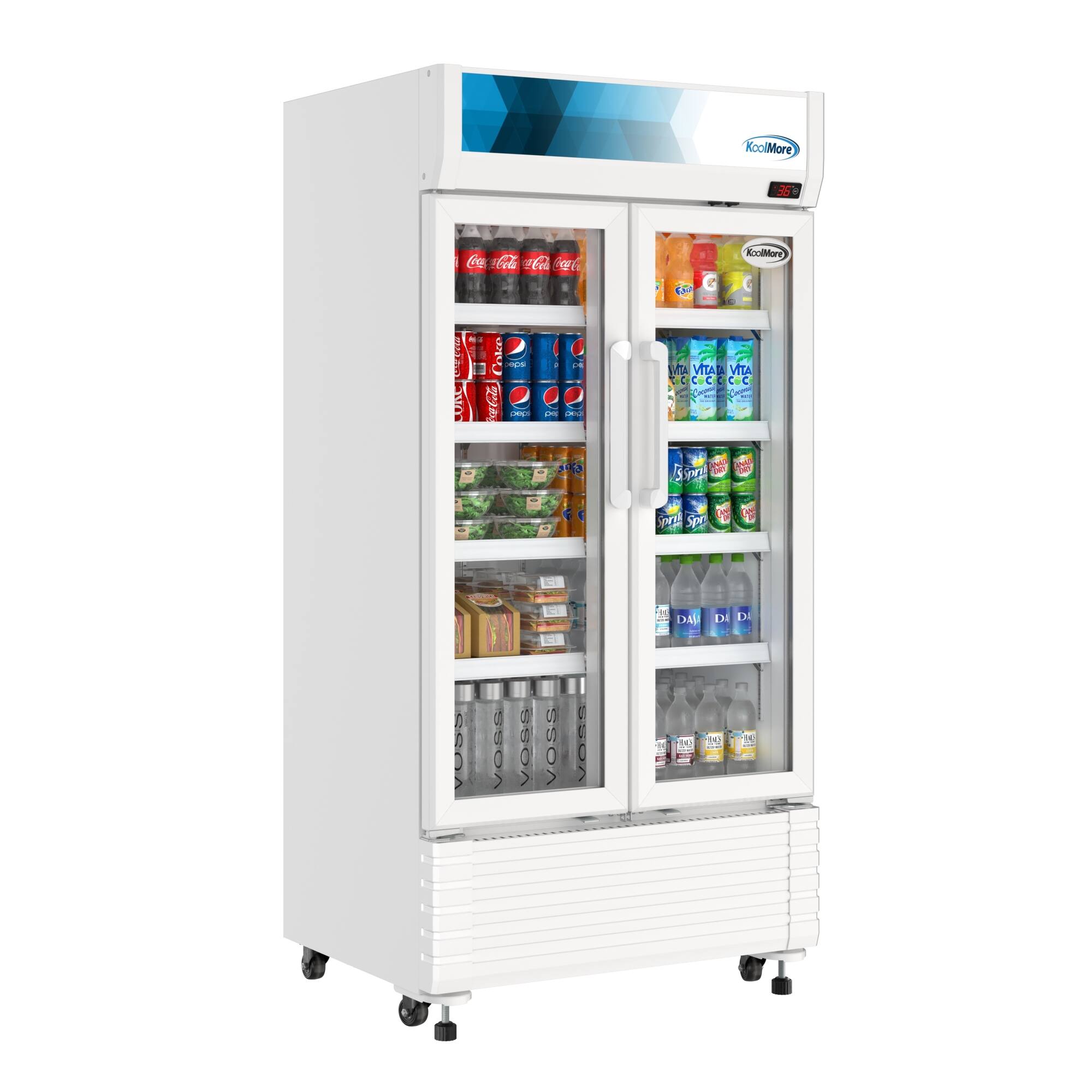 The image features a white refrigerator with two doors, filled with a variety of drinks. The drinks include bottles of soda, such as Coca-Cola, and other beverages like Vitamin Water and Voss. The refrigerator is stocked with a total of 13 bottles, offering a diverse selection of drinks for customers to choose from.