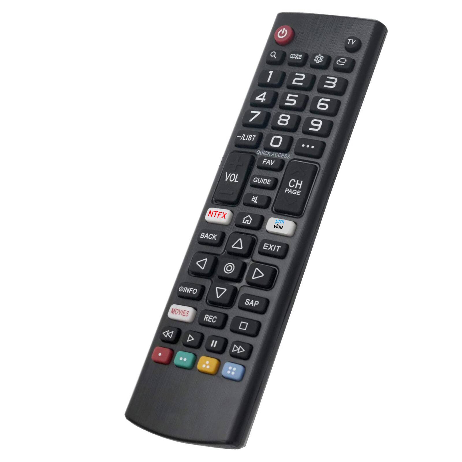 TV COSUB 1 2 3 4 5 6 7 8 9 -LIST 0 ... QUICK ACCESS FAV VOL GUIDE CH PAGE A NTFX prmo vide BACK EXIT @INFO MOVIES REC