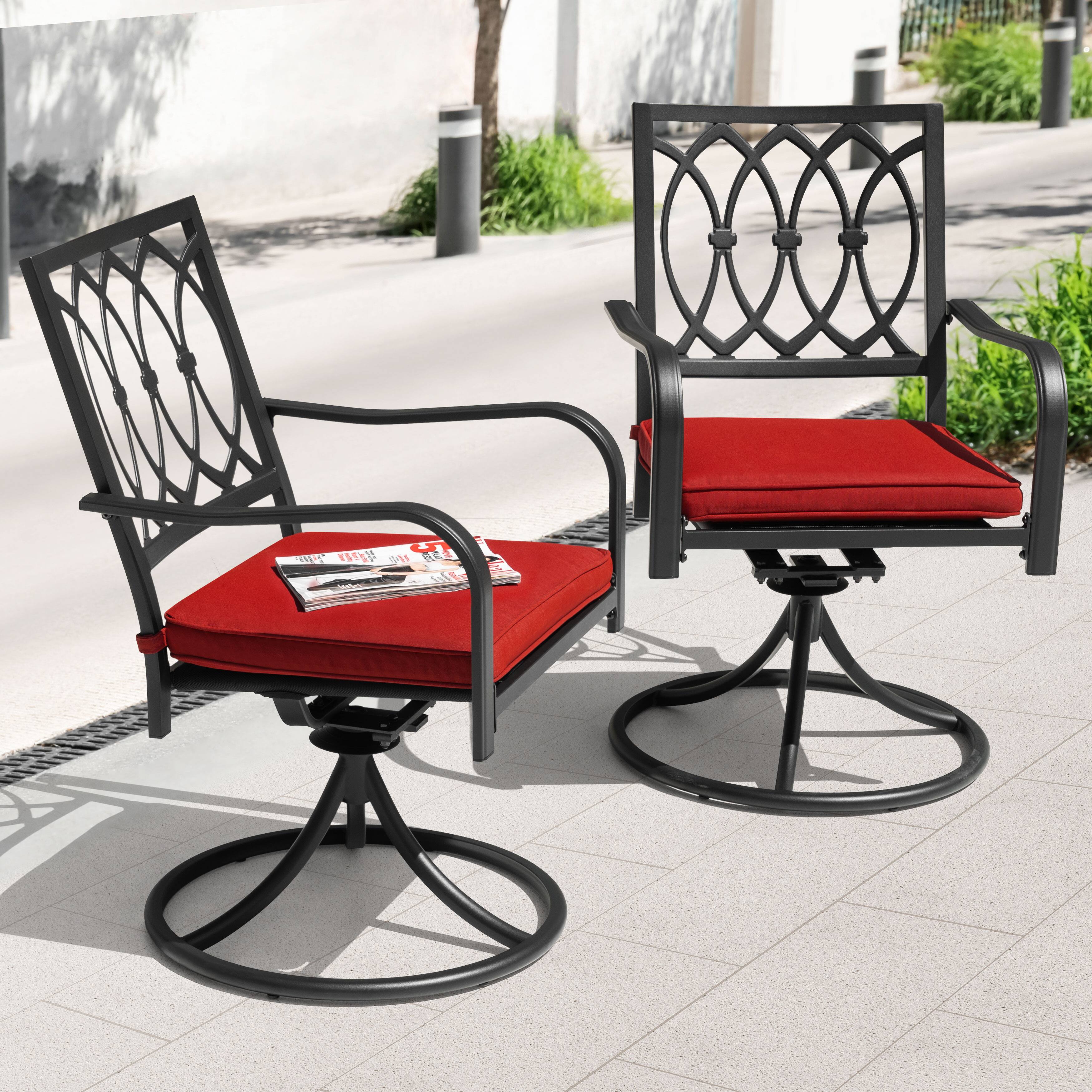 Left. Nuu Garden - Outdoor 2-Piece Swivel Dining Chairs with Cushions - Black and Red.