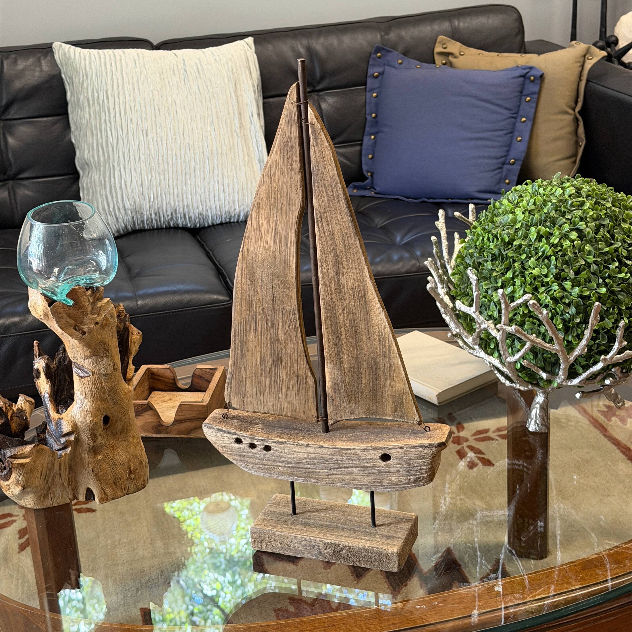 Alt View 6. Things2Die4 - Weathered Wood Sailboat Sculpture 22 Inch Nautical Coastal Tabletop Decor - Natural.