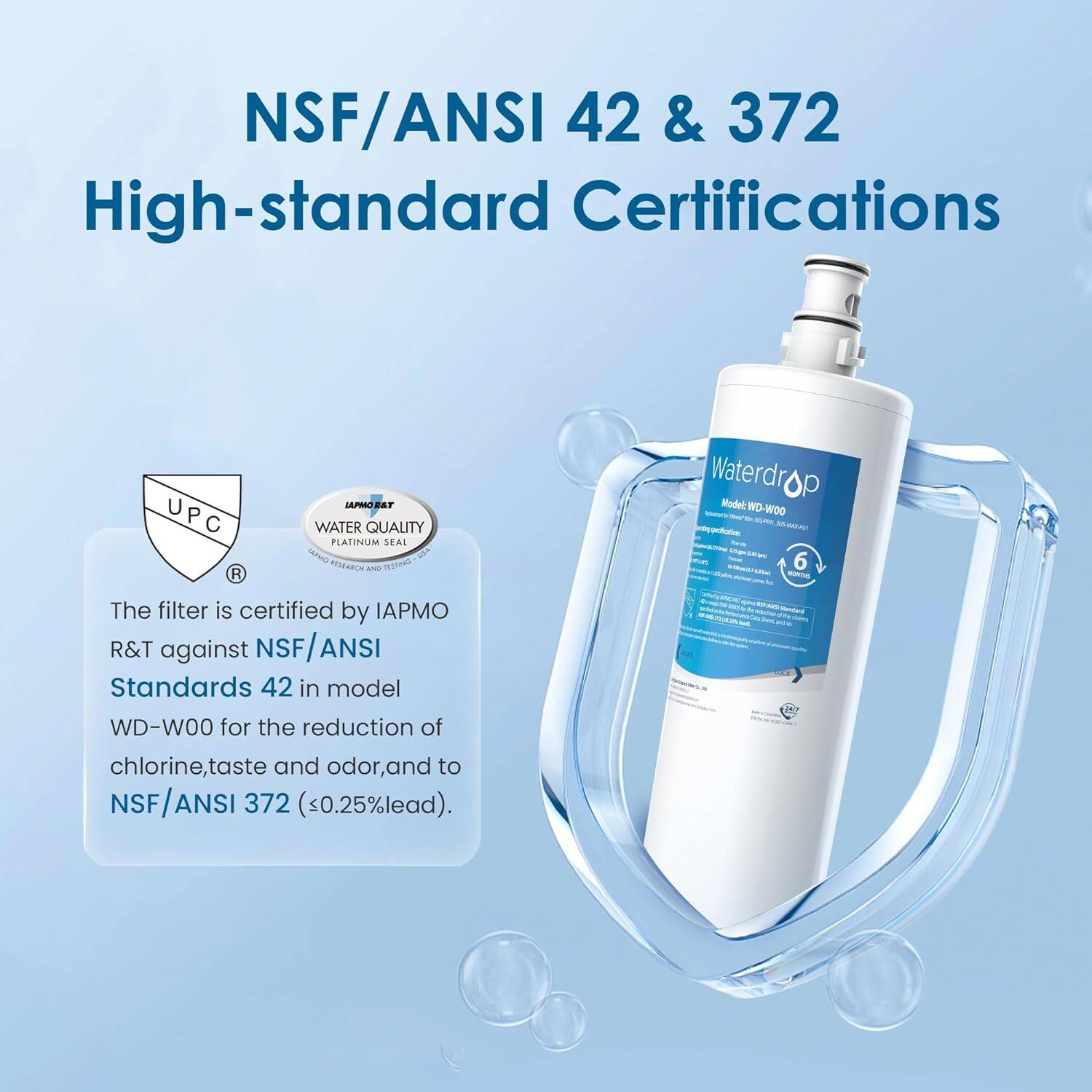 NSF/ANSI 42 & 372 High-standard Certifications

The filter is certified by IAPMO R&T against NSF/ANSI Standards 42 in model WD-W0O for the reduction of chlorine, taste and odor, and to NSF/ANSI 372 (<0.25%lead).

Waterdrop Model WD -WOO 6