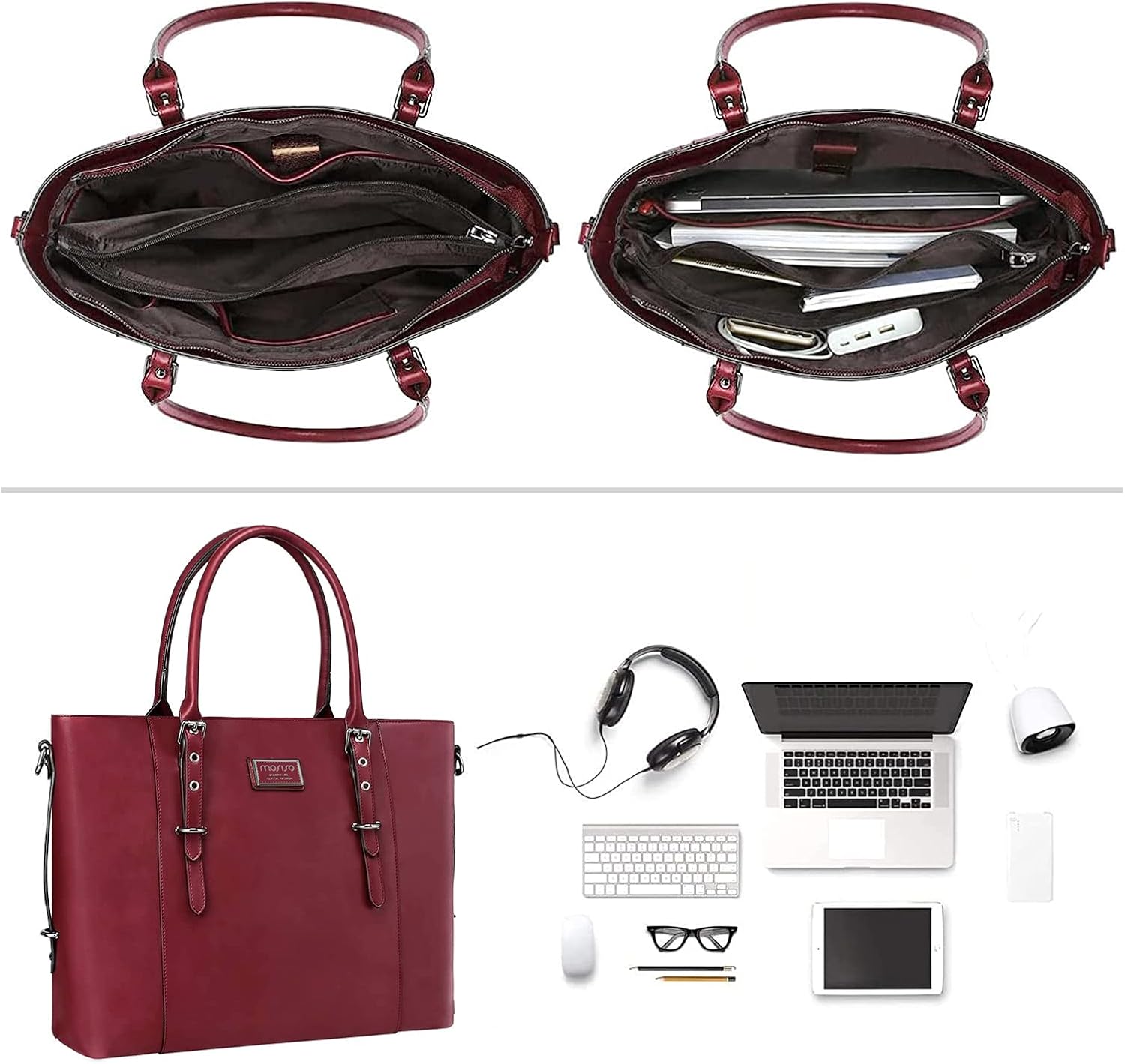 Left. mosiso - Waterproof PU Leather Laptop Bag for Women 17.3 Inch, Vintage Briefcase Shoulder Tote Computer Bag for Work & Office - Wine Red.
