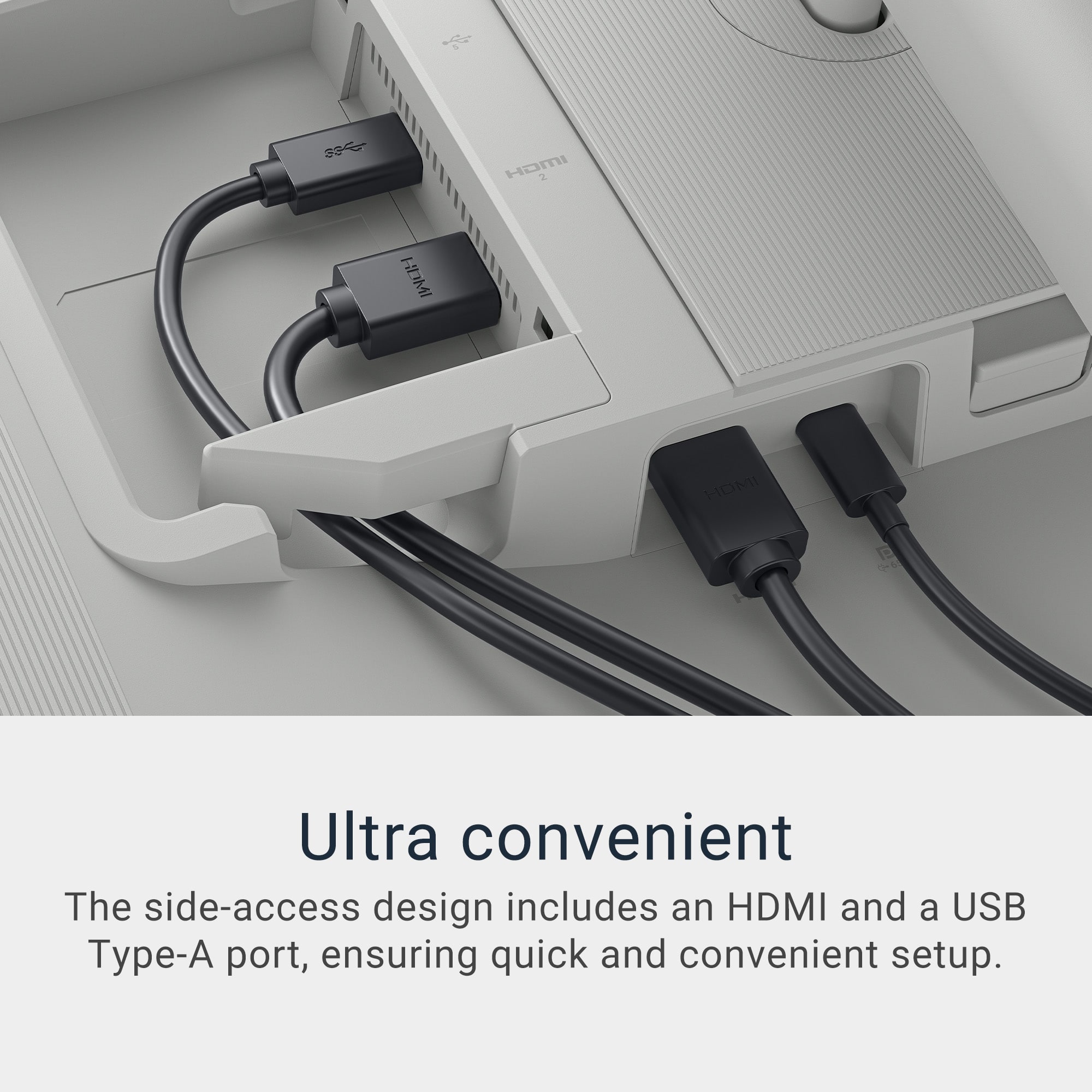 The image features a white device with a side-access design that includes an HDMI and a USB Type-A port. This design ensures a quick and convenient setup, making it ultra convenient for users.