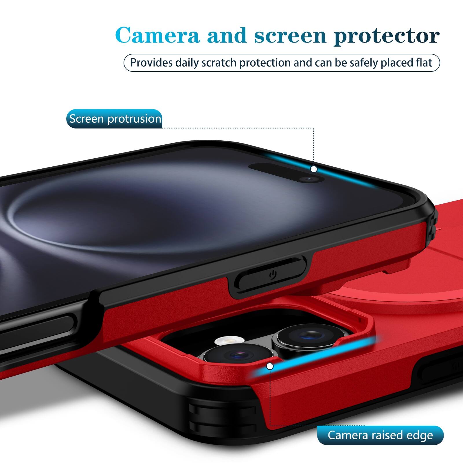 Camera and screen protector  
Provides daily scratch protection and can be safely placed flat  

Screen protrusion  
Camera raised edge