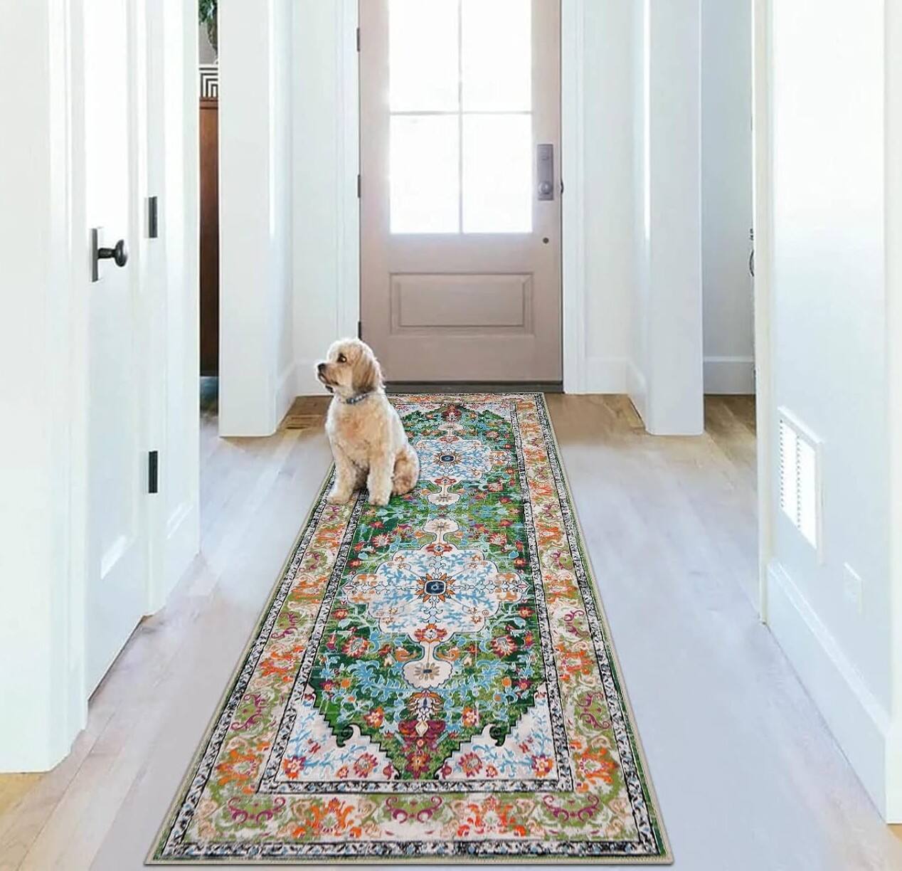 Alt View 1. FINEAK - Boho 2'x6' Washable Non-Slip Hallway Runner Rug - Green.
