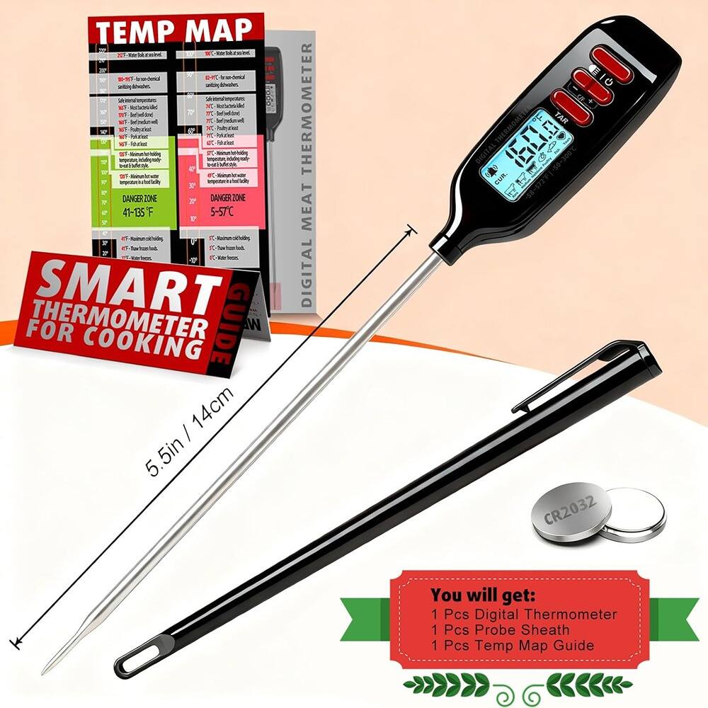 Sure, here is the corrected and grouped text from the image:

---

**TEMP MAP**

- **DANGER ZONE**  
  41-135°F  
  5-57°C

- **DIGITAL MEAT THERMOMETER**

**SMART THERMOMETER FOR COOKING**

- **5.5in / 14cm**

**You will get:**
- 1 Pcs Digital Thermometer
- 1 Pcs Probe Sheath
- 1 Pcs Temp Map Guide

---

**CR2032**