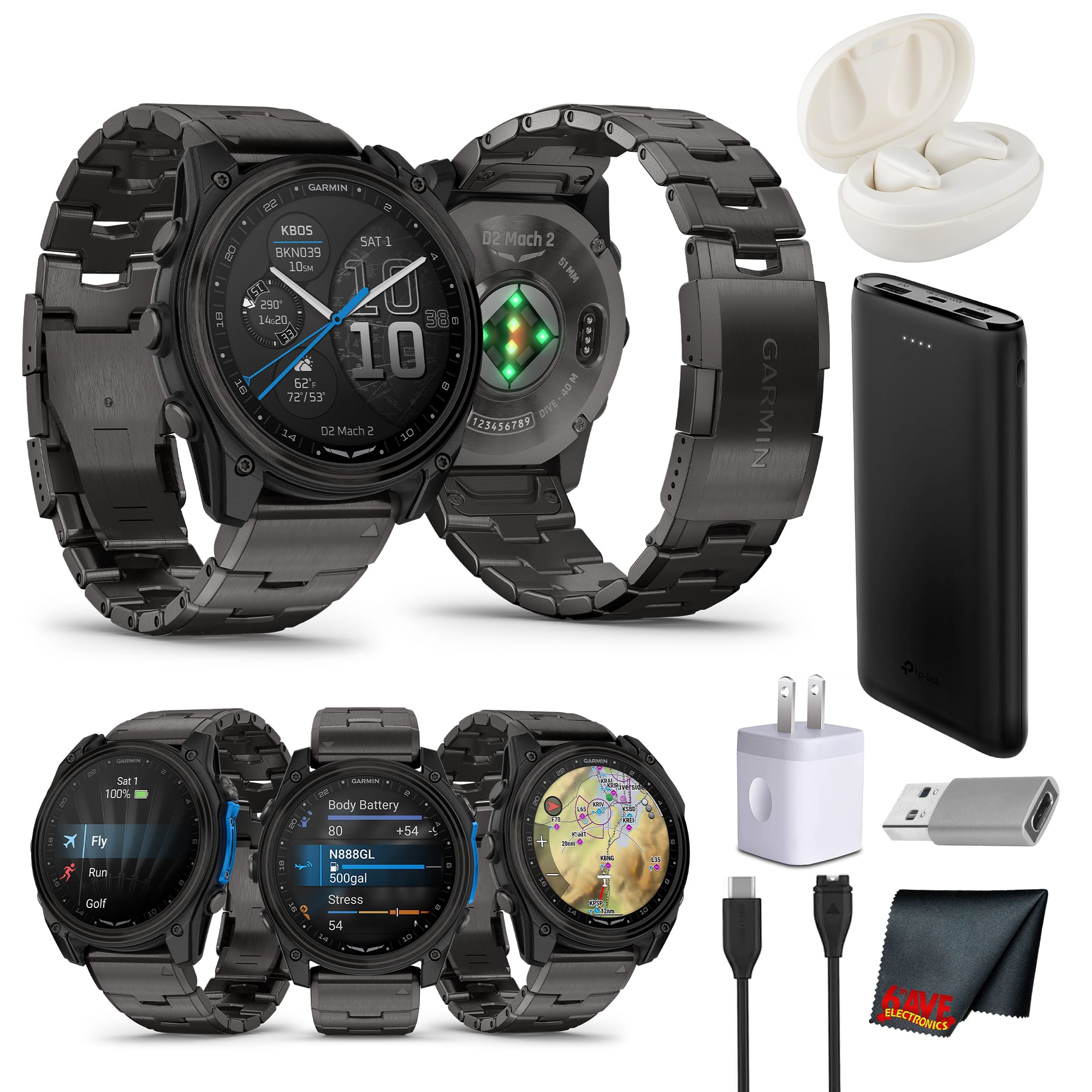 Garmin - D2 Mach 2 Aviator Smartwatch - 51 mm - Carbon Grey with Titanium Bundle - Carbon Gray - (2025)