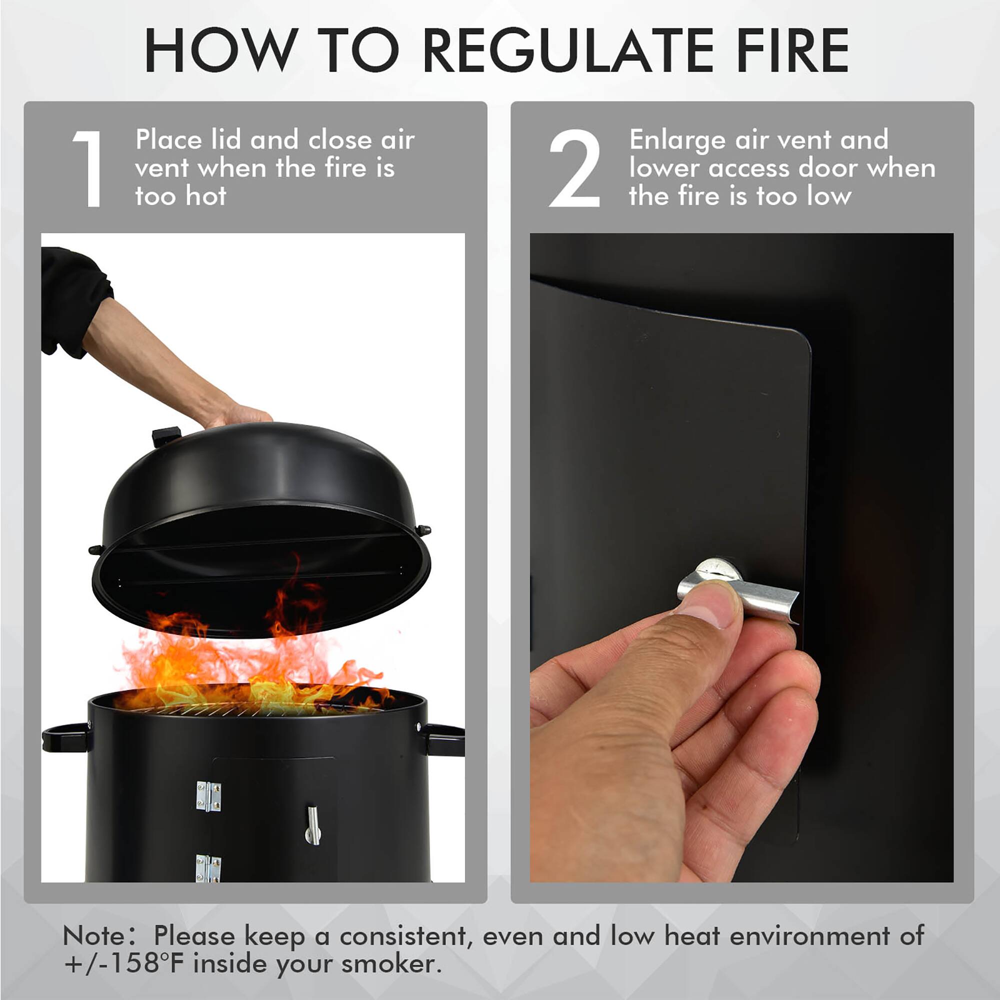 HOW TO REGULATE FIRE:

1. Place lid and close air vent: Enlarge air vent and access door when the fire is too low. Note: Please keep a consistent, even and low heat environment of +/-158F inside your smoker.