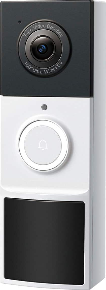 The image shows a white and black video doorbell with a camera on the front. The camera has a 160-degree field of view, providing an ultra-wide view of the area in front of the door. The doorbell is designed to be used with a smartphone or tablet, allowing users to receive notifications and view live video feeds from the doorbell. The device is likely intended to improve security and convenience for homeowners by providing real-time information about visitors and potential intruders.
