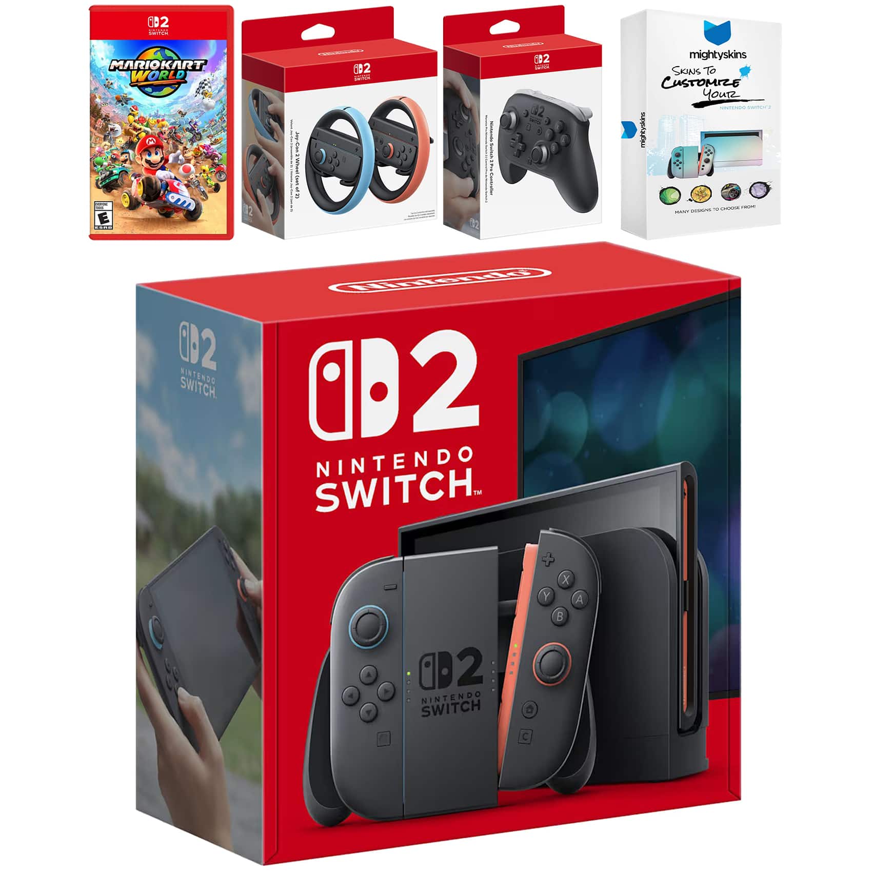 Switch 2 Console with Mario Kart World, Pro Controller, Joy Con Wheel and MightySkins Code Bundle - Nintendo Switch 2
