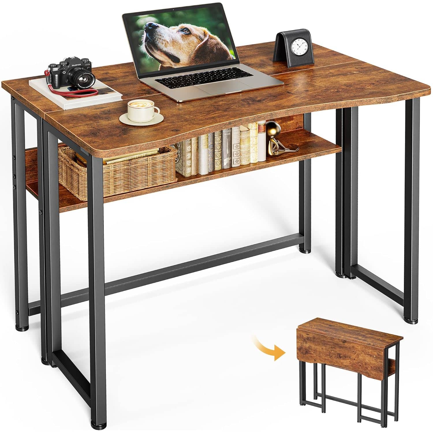Zell Electronics - 31.5 Inch Rustic Folding DeskSpace-Saving Table with Storage Shelf for Office or Couch Use - Rustic Brown