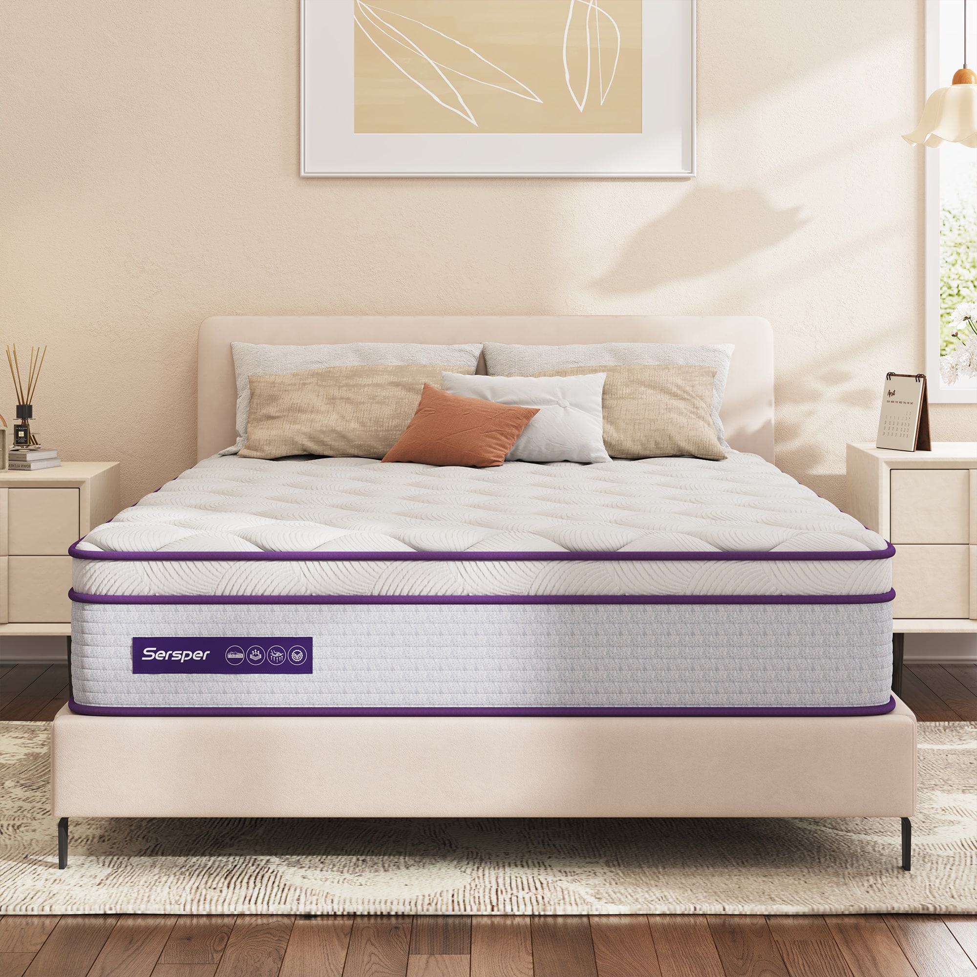 Sersper - 12 in. Medium Firm Hybrid Euro Top King Size Breathable Mattress - White