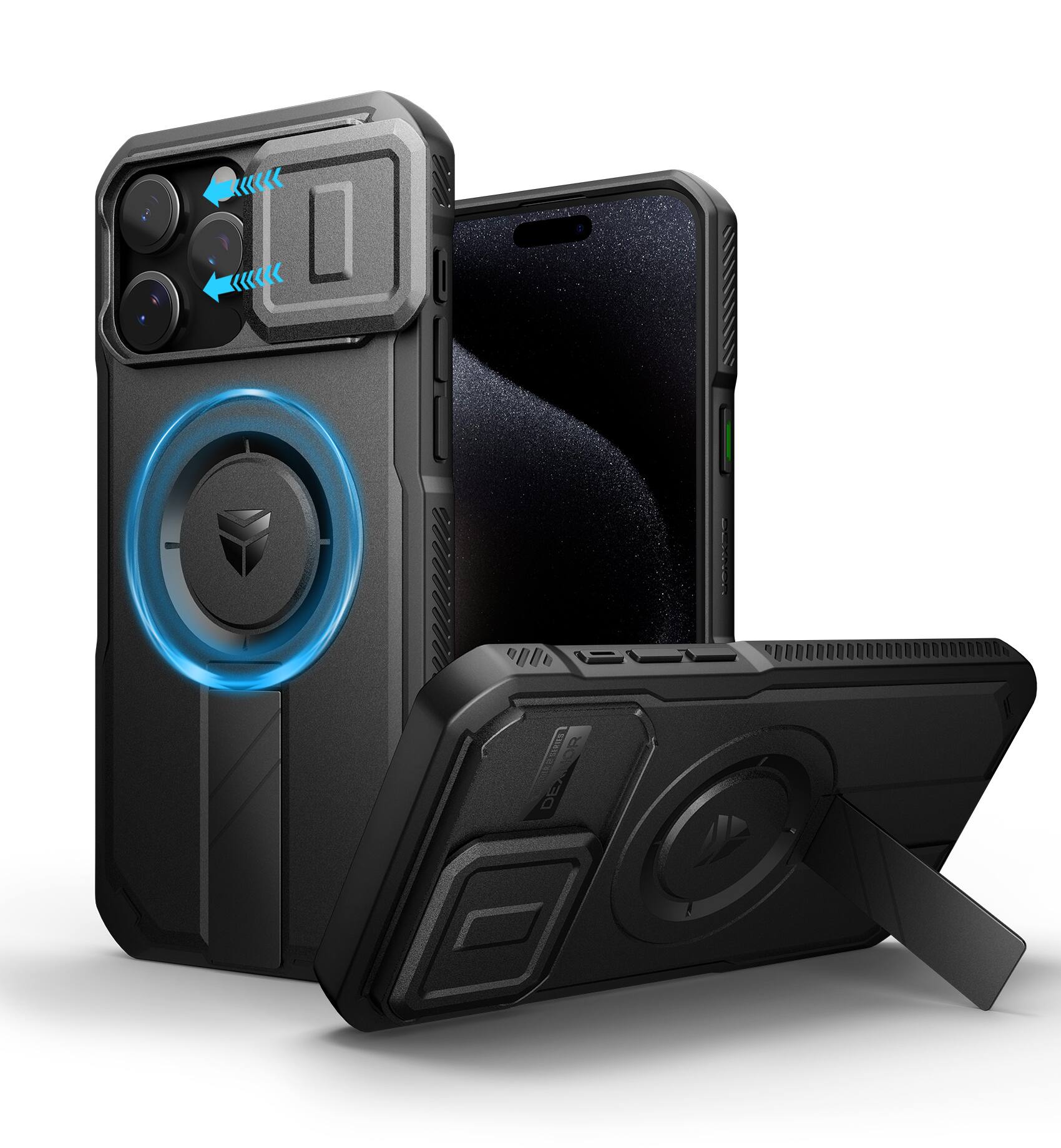 Angle. Dexnor - Phone Case for iPhone 15 Pro Max with Slide Camera Cover, Compatible with MagSafe Heavy-Duty Rugged Magnetic Shockproof - Black.
