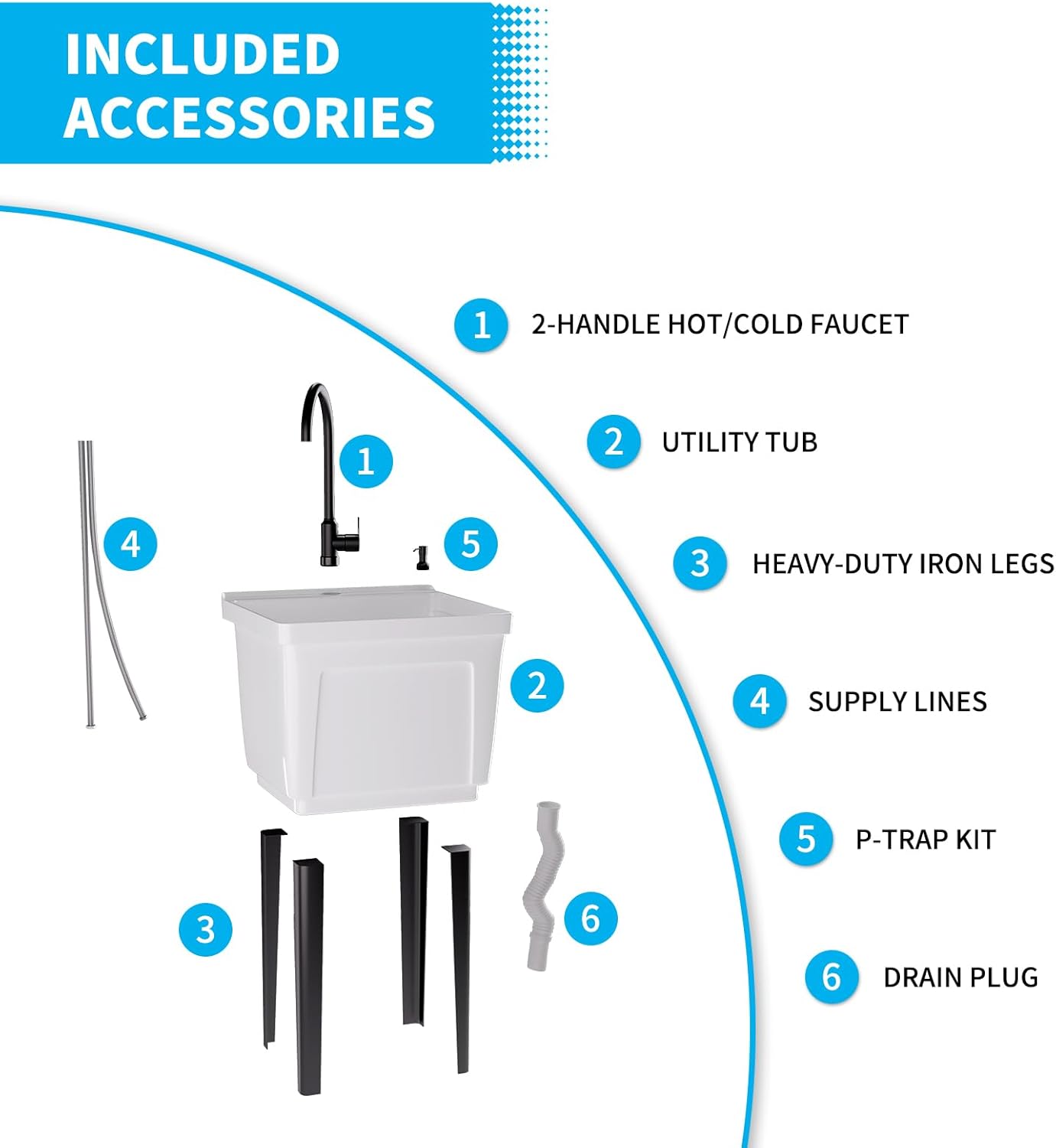 INCLUDED ACCESSORIES

1. 2-HANDLE HOT/COLD FAUCET
2. UTILITY TUB
3. HEAVY-DUTY IRON LEGS
4. SUPPLY LINES
5. P-TRAP KIT
6. DRAIN PLUG