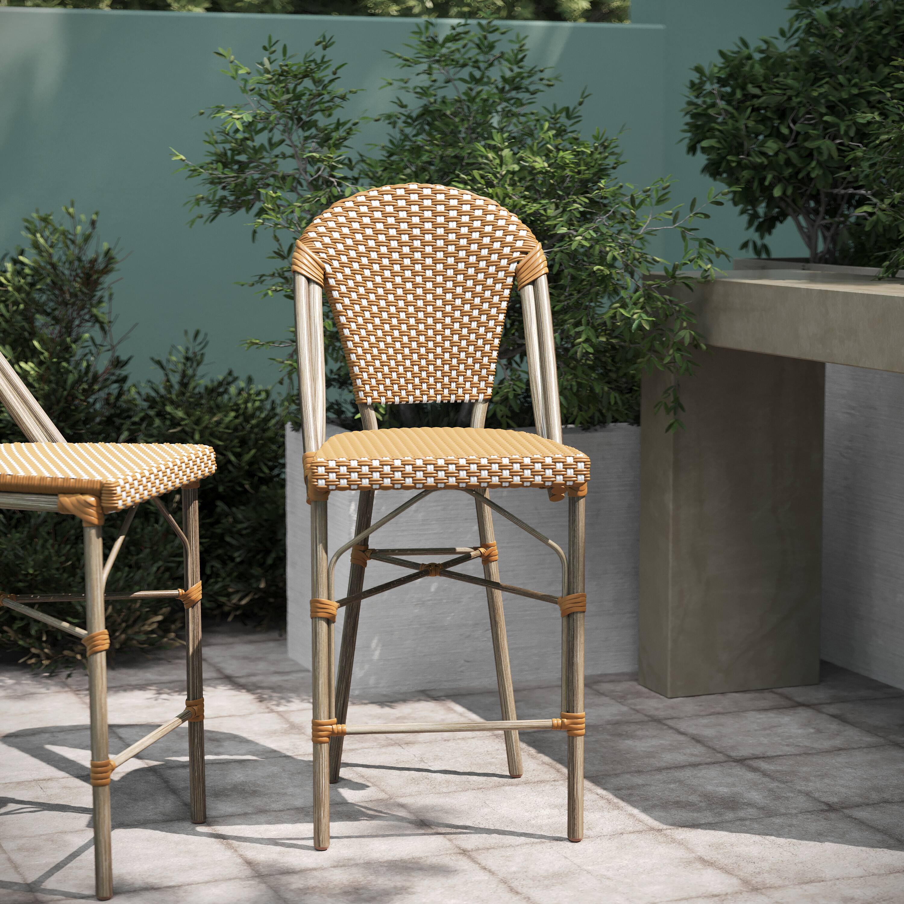 Alt View 5. Emma + Oliver - Colmar Set of Two Indoor/Outdoor 26" High Stacking Bistro Counter Stools with Patterned Seat and Back and Metal Frames - Natural & White/Light Natural Frame.