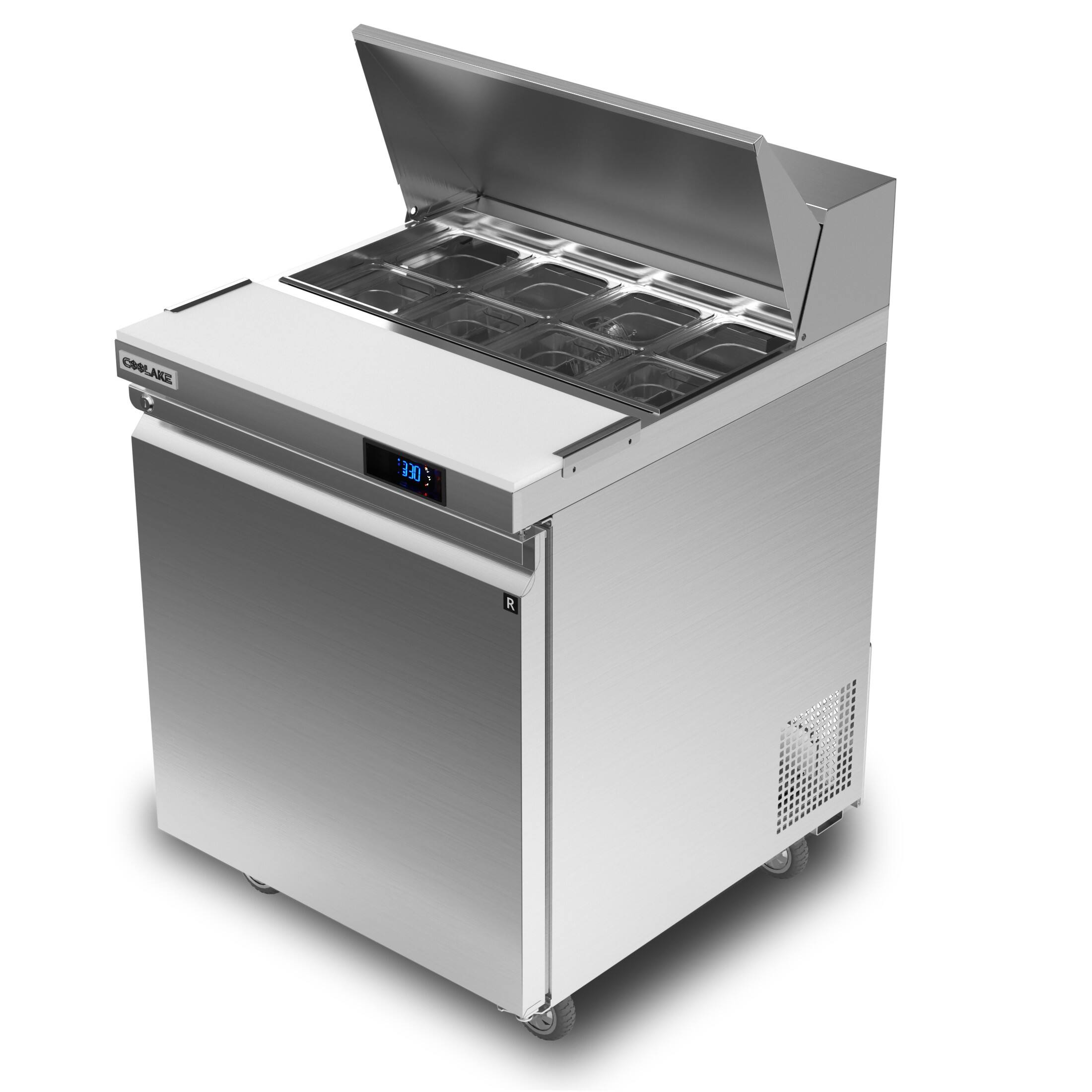 Alt View 2. Coolake - Coolake 27'' W Commercial Refrigerator Sandwich Salad Prep Table, 1 Door Sandwich Fridge with 8 GN 1/6 Pans - Silver.