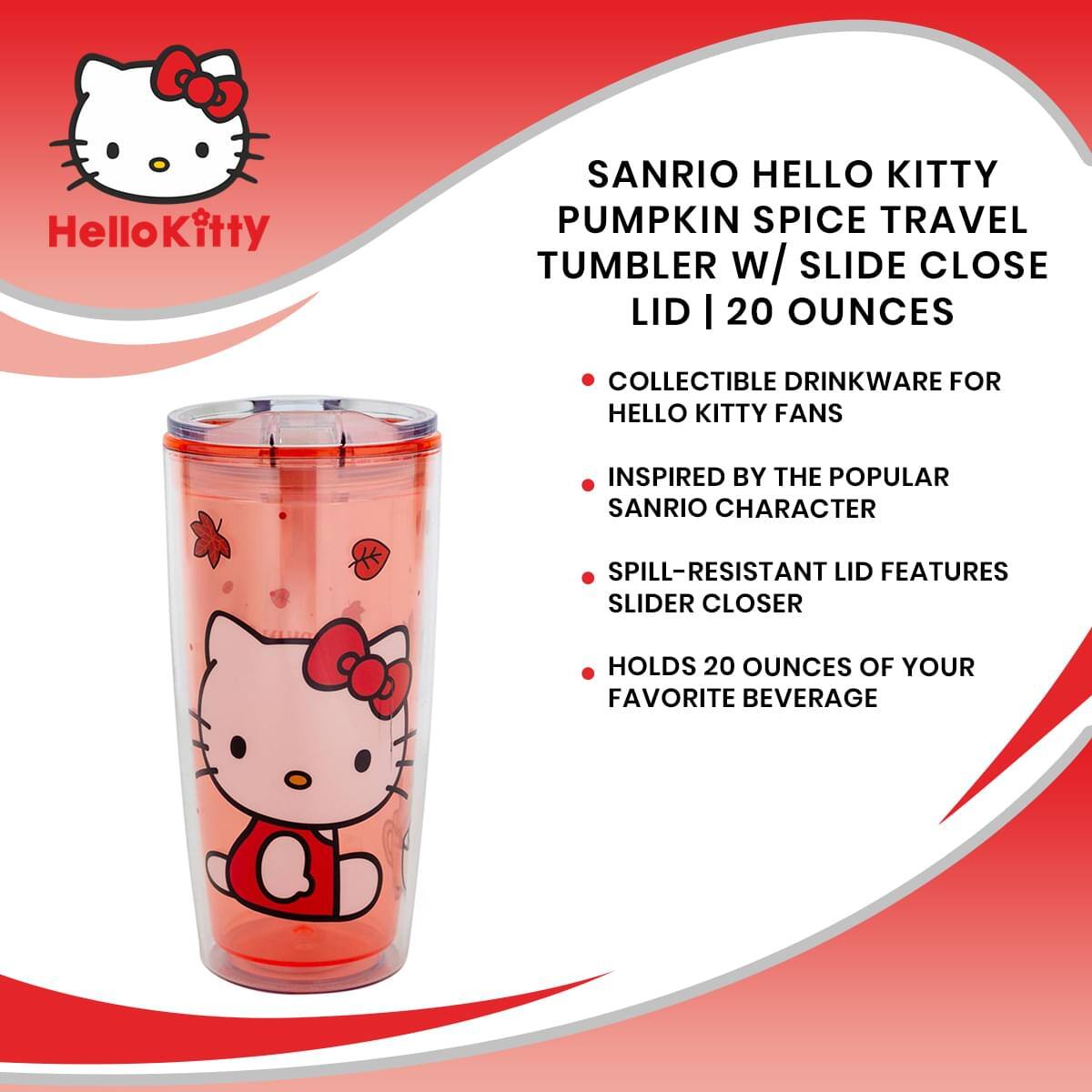Hello Kitty Hello SANRIO HELLO KITTY PUMPKIN SPICE TRAVEL TUMBLER w/ SLIDE CLOSE LID | 20 OUNCES COLLECTIBLE DRINKWARE FOR HELLO KITTY FANS INSPIRED BY THE POPULAR SANRIO CHARACTER SPILL-RESISTANT LID FEATURES SLIDER CLOSER HOLDS 20 OUNCES OF YOUR FAVORITE BEVERAGE