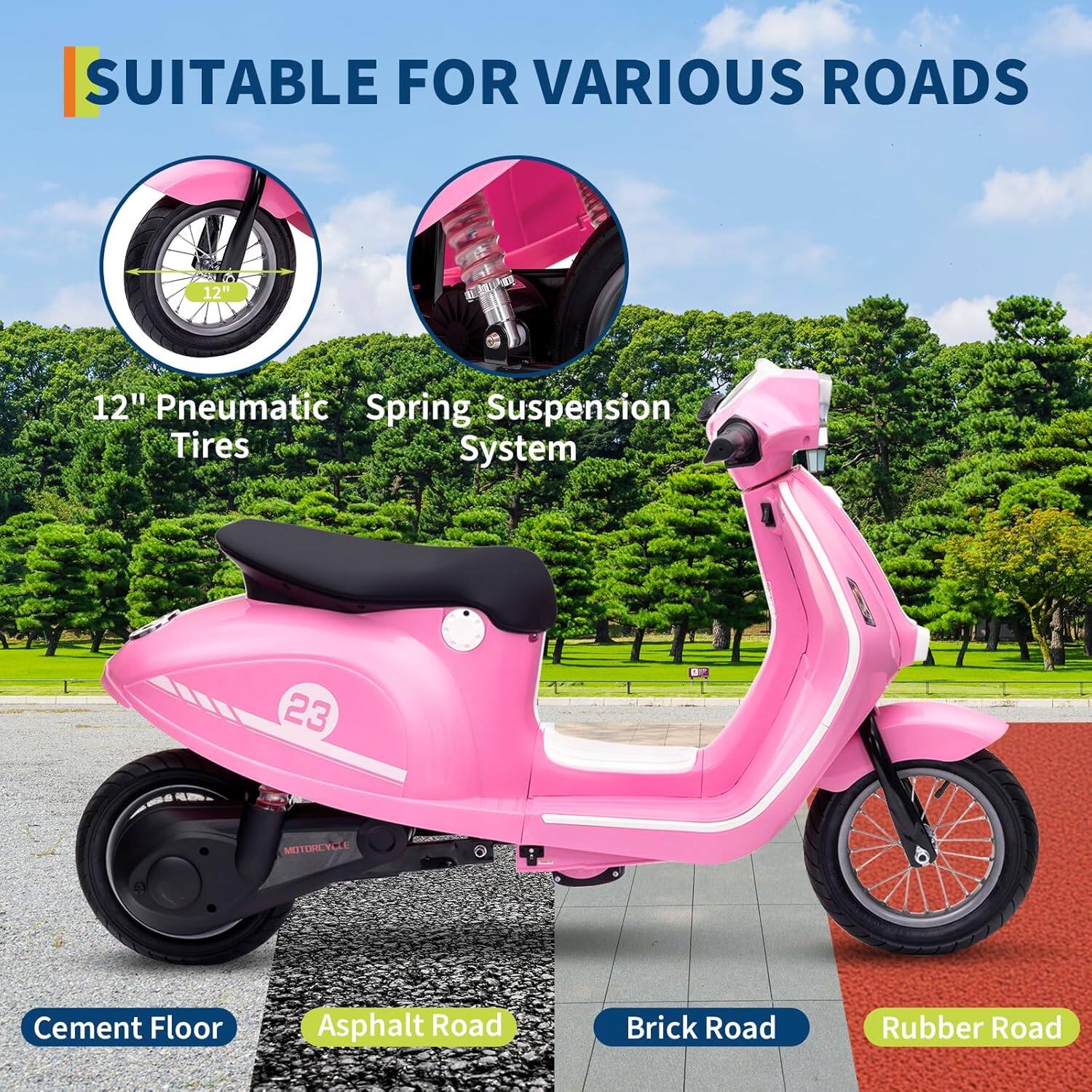 SUITABLE FOR VARIOUS ROADS

12" Pneumatic Tires

Spring Suspension System

Cement Floor

Asphalt Road

Brick Road

Rubber Road