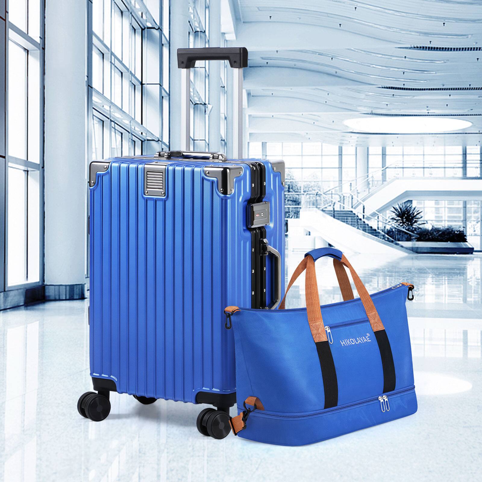 Front. Oumilen - 2 Piece Luggage Set – 20in Aluminum Frame Carry On with Travel Duffel Bag, Blue, TSA Lock, Spinner Wheels - Blue.