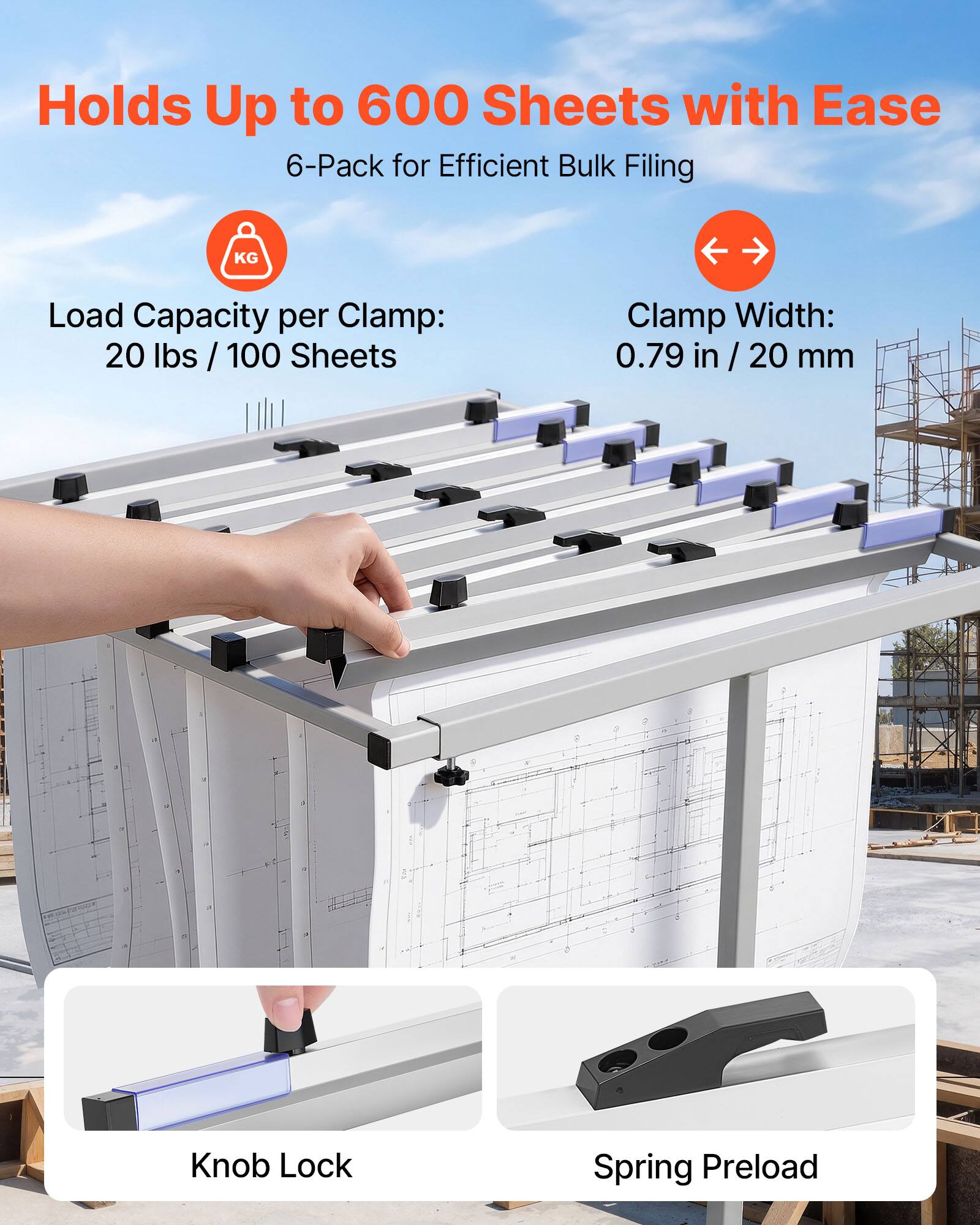 Holds Up to 600 Sheets with Ease  
6-Pack for Efficient Bulk Filing  

Load Capacity per Clamp:  
20 lbs / 100 Sheets  

Clamp Width:  
0.79 in / 20 mm  

Knob Lock  
Spring Preload