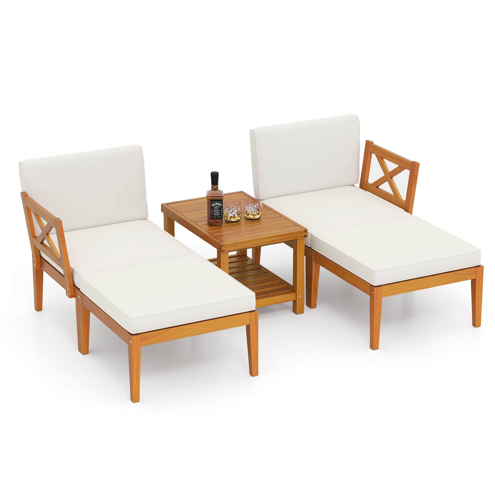 Alt View 9. Costway - 5 PCS Acacia Wood Patio Chaise Lounge Chair Set with 2-Tier Coffee Table Cushions - Off White,Natural.