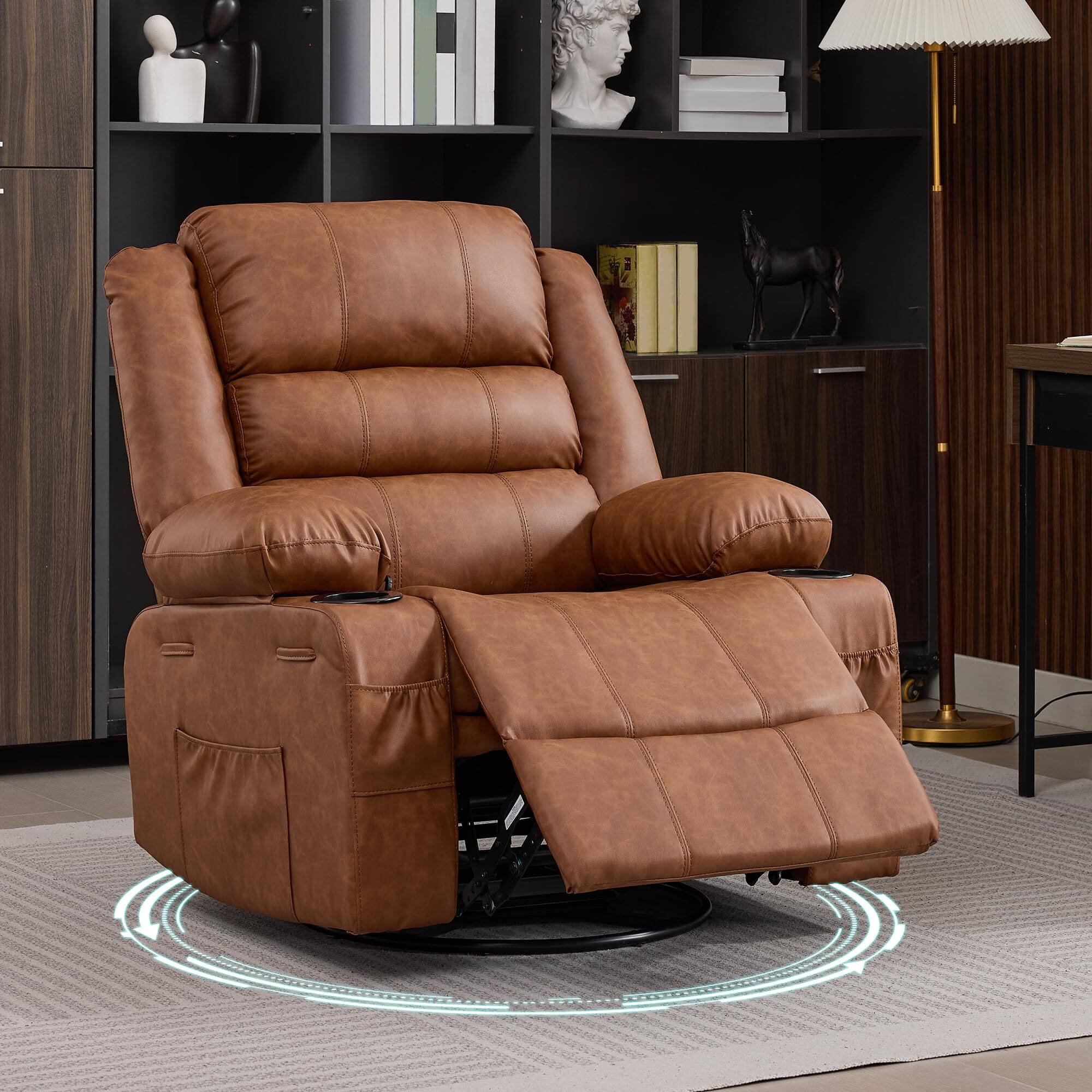 Front. Babevy - Oversized Swivel Recliner Chair with 360° Rotation, Manual Reclining, Cup Holders & Side Storage for Living Room - Brown PU.