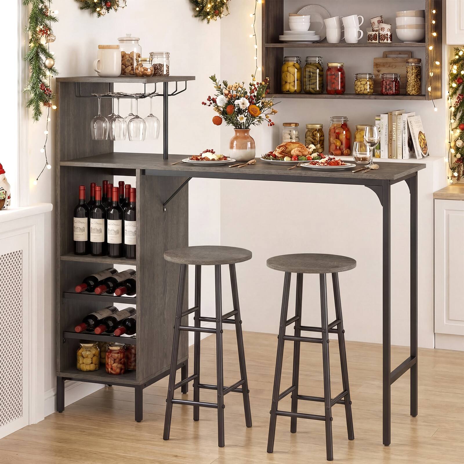 Alt View 1. Costway - Costway 3 PCS Bar Table and Chairs Set Industrial Pub Table & Stools with Bottle Wine Rack - Oak.