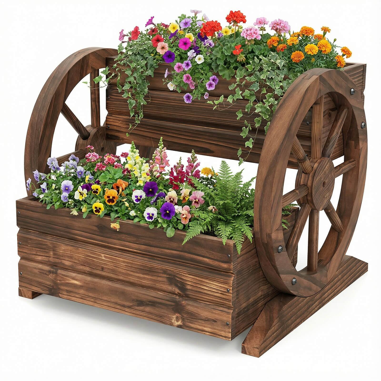 Costway - 1 PCS 2-Tier Rustic Wagon Planter Box with Drainage Holes&Wheels for Patio Balcony Garden - Coffee
