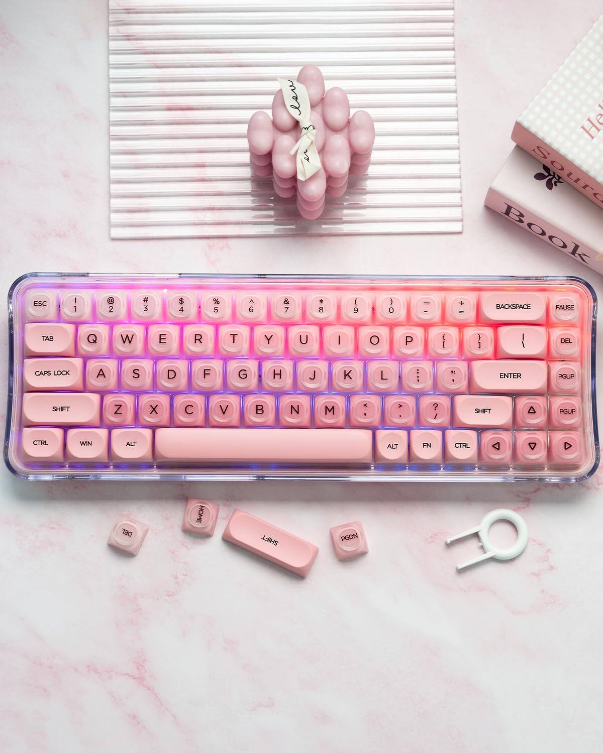 Sure, here is the corrected and grouped text from the image:

**Top Row:**
- ESC
- 1
- 2
- 3
- 4
- 5
- 6
- 7
- 8
- 9
- 0
- -
- =
- BACKSPACE
- PAUSE

**Second Row:**
- TAB
- Q
- W
- E
- R
- T
- Y
- U
- I
- O
- P
- [
- ]
- \
- DEL

**Third Row:**
- CAPS LOCK
- A
- S
- D
- F
- G
- H
- J
- K
- L
- ;
- '
- ENTER
- PGUP

**Fourth Row:**
- SHIFT
- Z
- X
- C
- V
- B
- N
- M
- ,
- .
- /
- SHIFT
- PGUP

**Fifth Row:**
- CTRL
- WIN
- ALT
- FN
- CTRL
- ALT
- FN
- CTRL
- ALT
- FN
- CTRL
- ALT
- FN
-