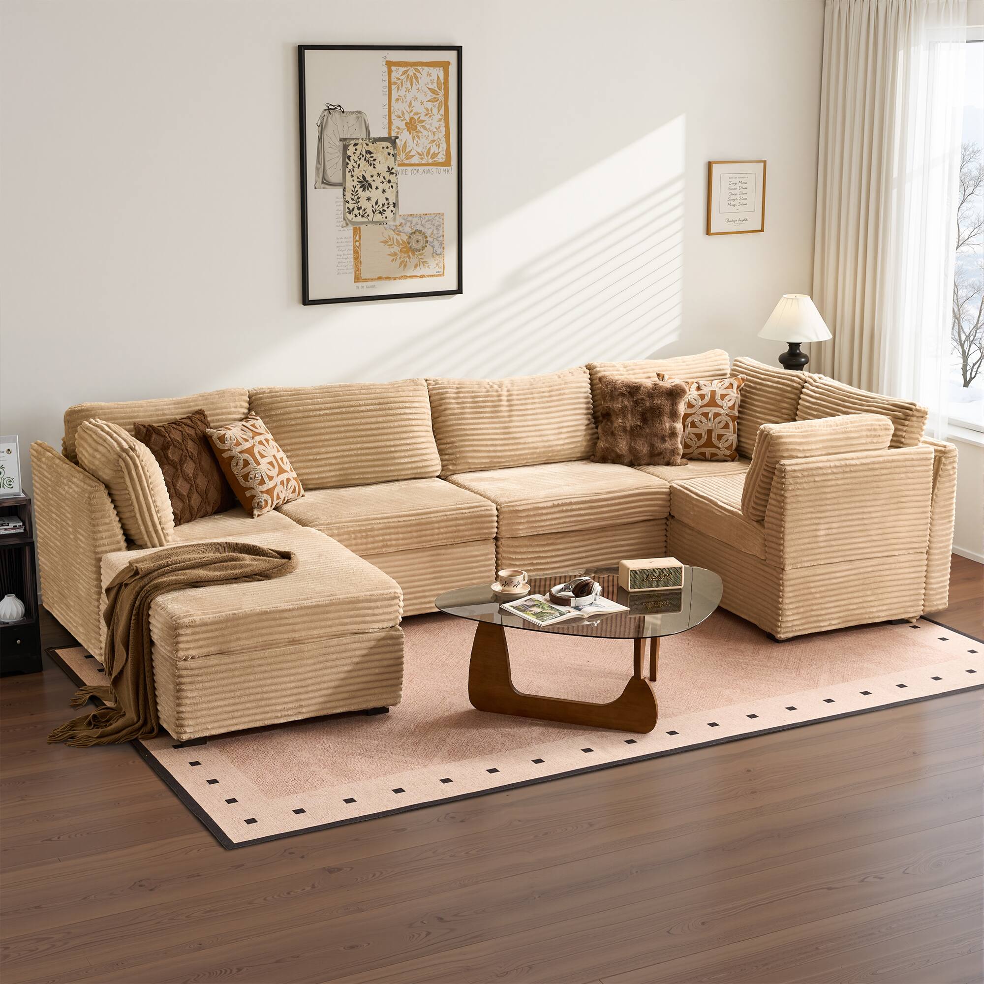 Ovios - 6 PCS Modular Sectional Sofa Couch with Ottoman, Modern Cloud Couch Sectional Sofa for Living Room - Beige