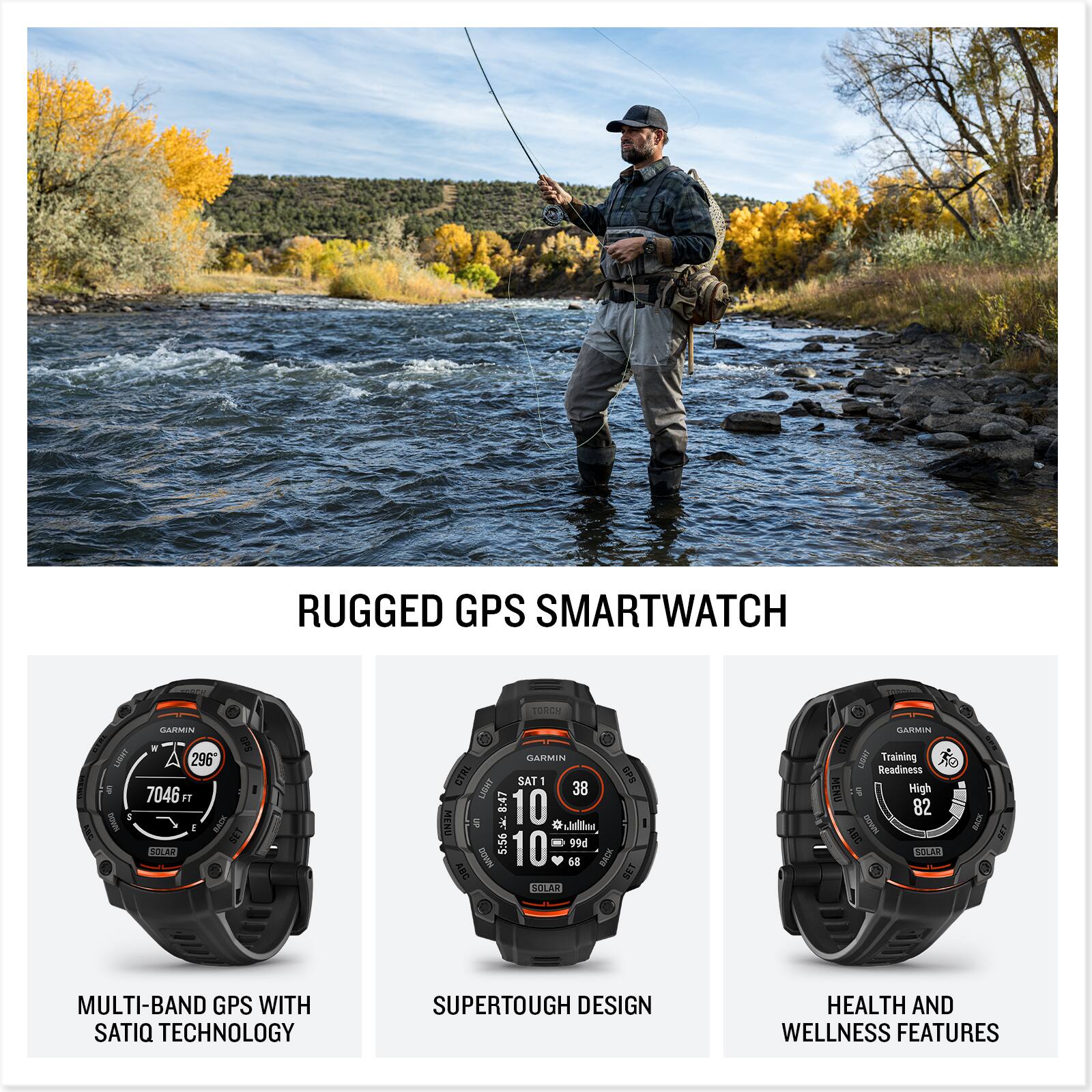 RUGGED GPS SMARTWATCH

- MULTI-BAND GPS WITH SATIQ TECHNOLOGY
- SUPERTOUGH DESIGN
- HEALTH AND WELLNESS FEATURES

Training Readiness: High 82

GPS: 296° 7046 ft

SUN: 38°

SAT: 10:47

CTRL: SAT 1

EPS: LIGMI

SOLAR

MENO: 10 - 9 Jallee 99d ADO 68

BACK ABC EET SOLAR

Training Readiness: High 82