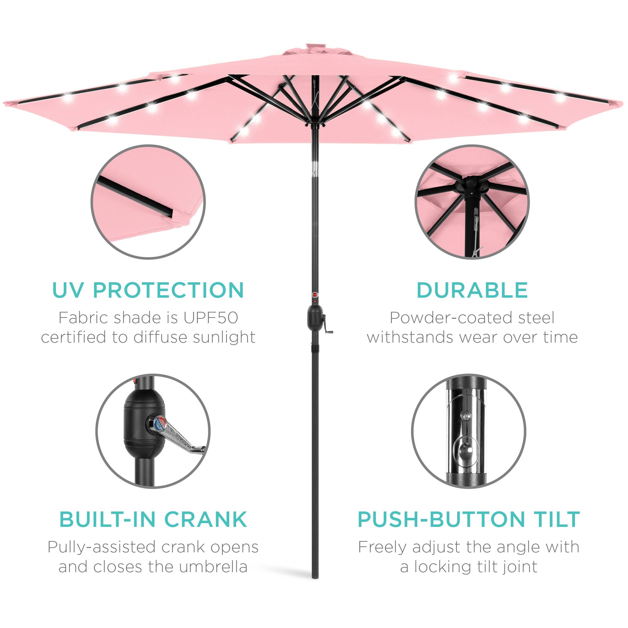 UV Protection: Fabric shade is UPF50 certified to diffuse sunlight.  
Durable: Powder-coated steel withstands wear over time.  
Built-in Crank: Pulley-assisted crank opens and closes the umbrella.  
Push-button Tilt: Freely adjust the angle with a locking tilt joint.