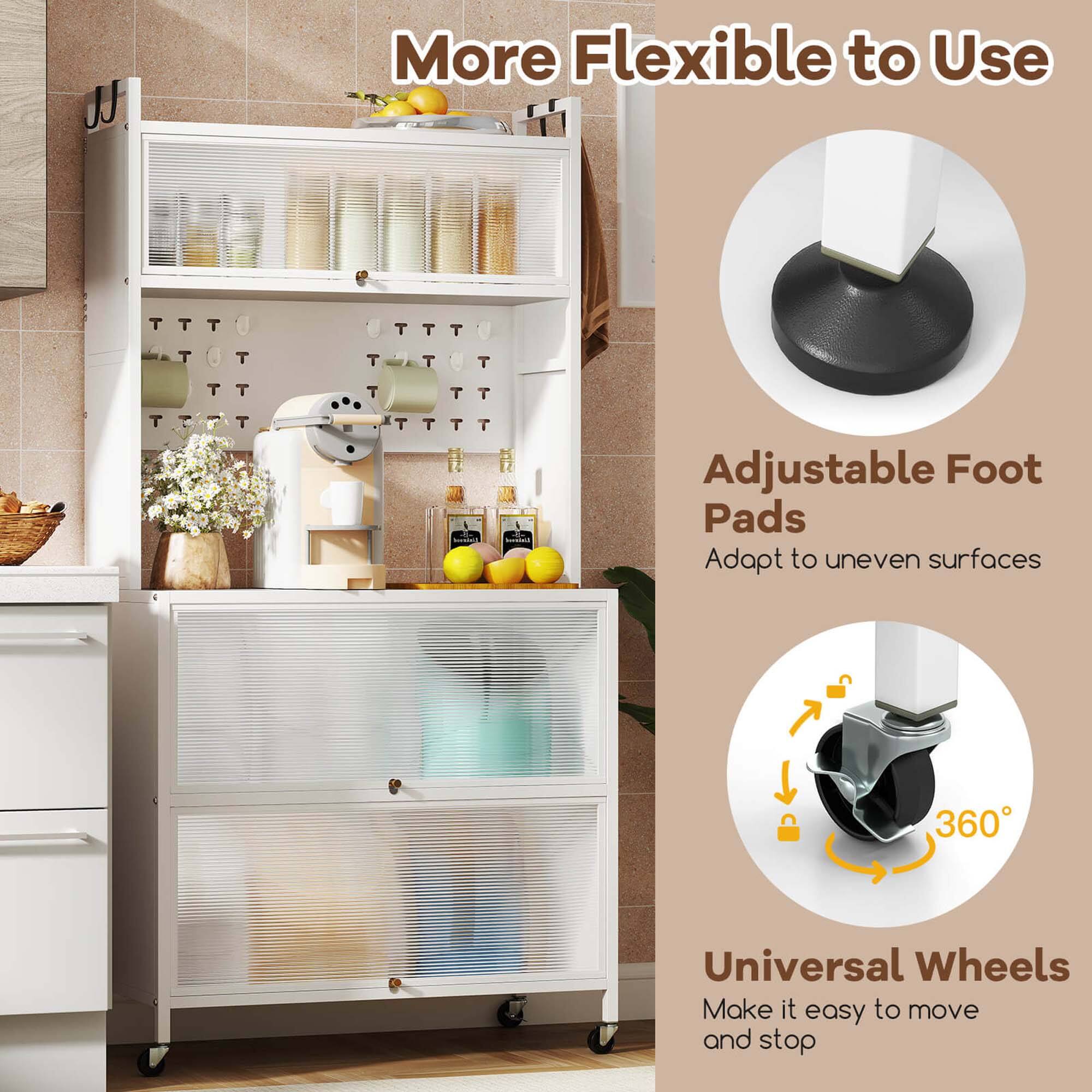 The text on the image is grouped and corrected as follows:

1. More Flexible to Use: This refers to the adjustable foot pads that can adapt to uneven surfaces, making it easier to use the shelves.
2. Adjustable Foot Pads: This is a feature that allows the shelves to be adjusted to fit different surfaces, providing stability and convenience.
3. 360 Universal Wheels: This refers to the wheels on the shelves, which make it easy to move and stop, providing a smooth and convenient experience.