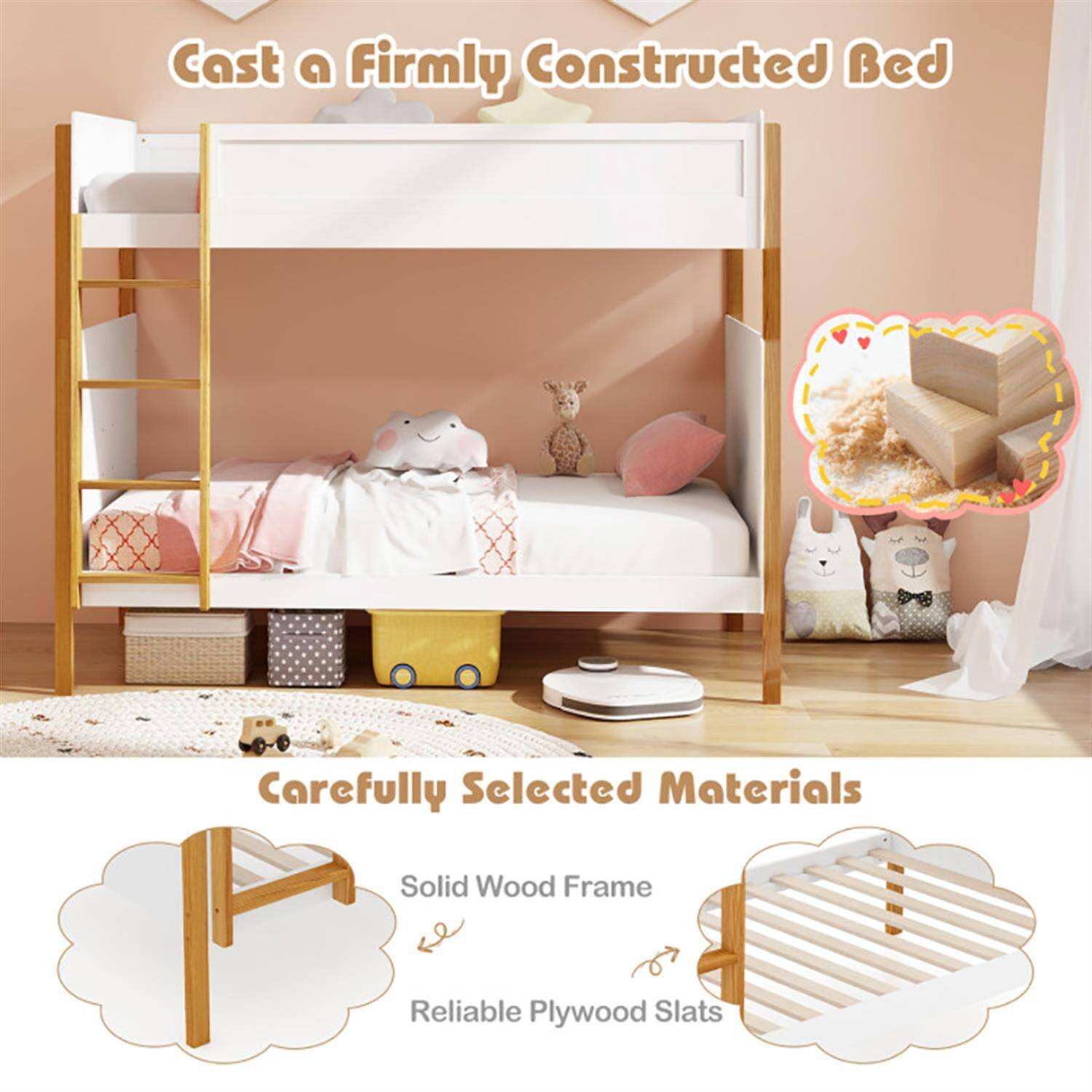Pefilos Twin Over Twin Bunk Bed with Integrated Ladder and Safety ...