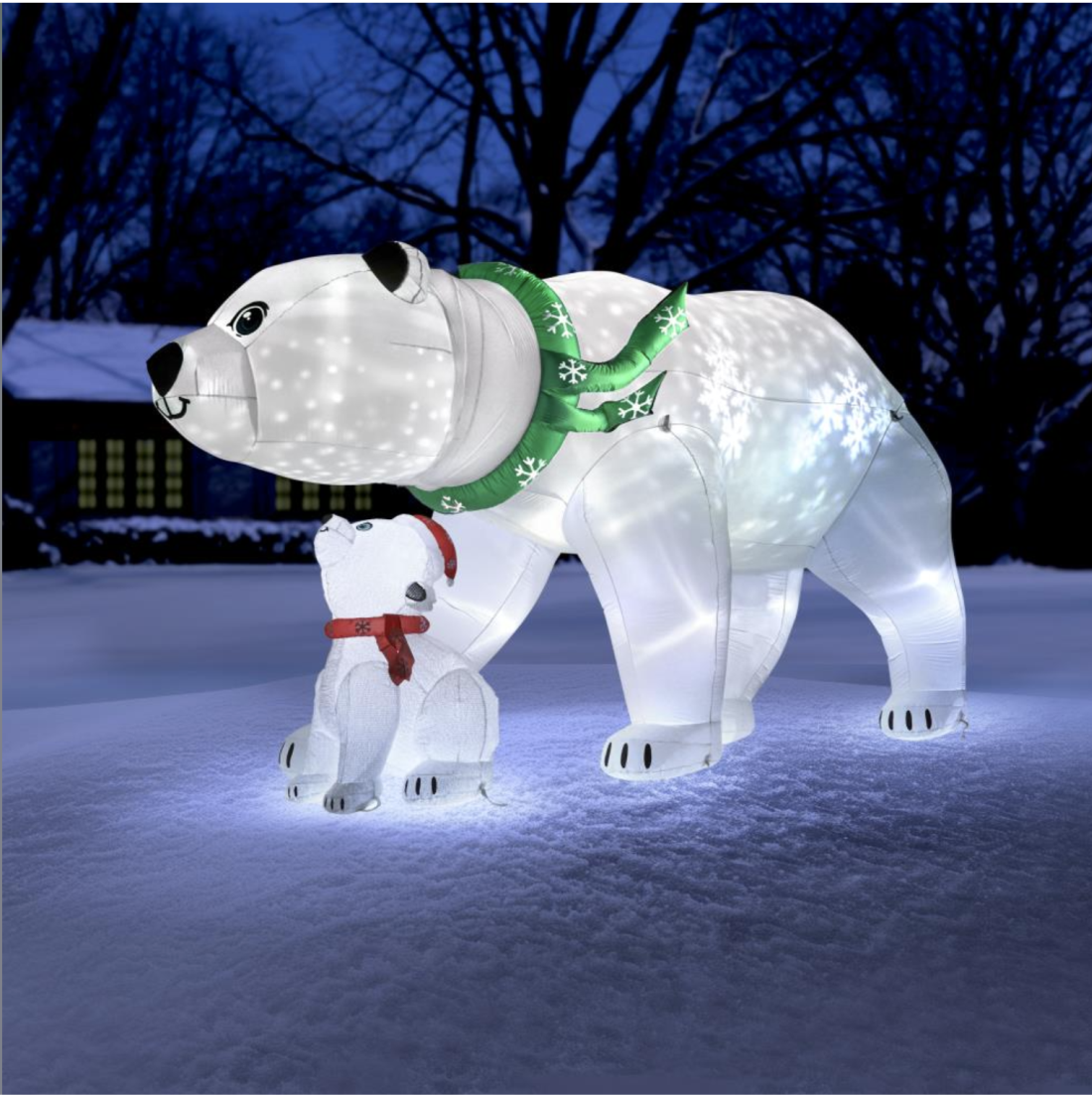 Left. World Trade - 16' Animated Inflatable Polar Bear Mother & Cub lightshow - White.