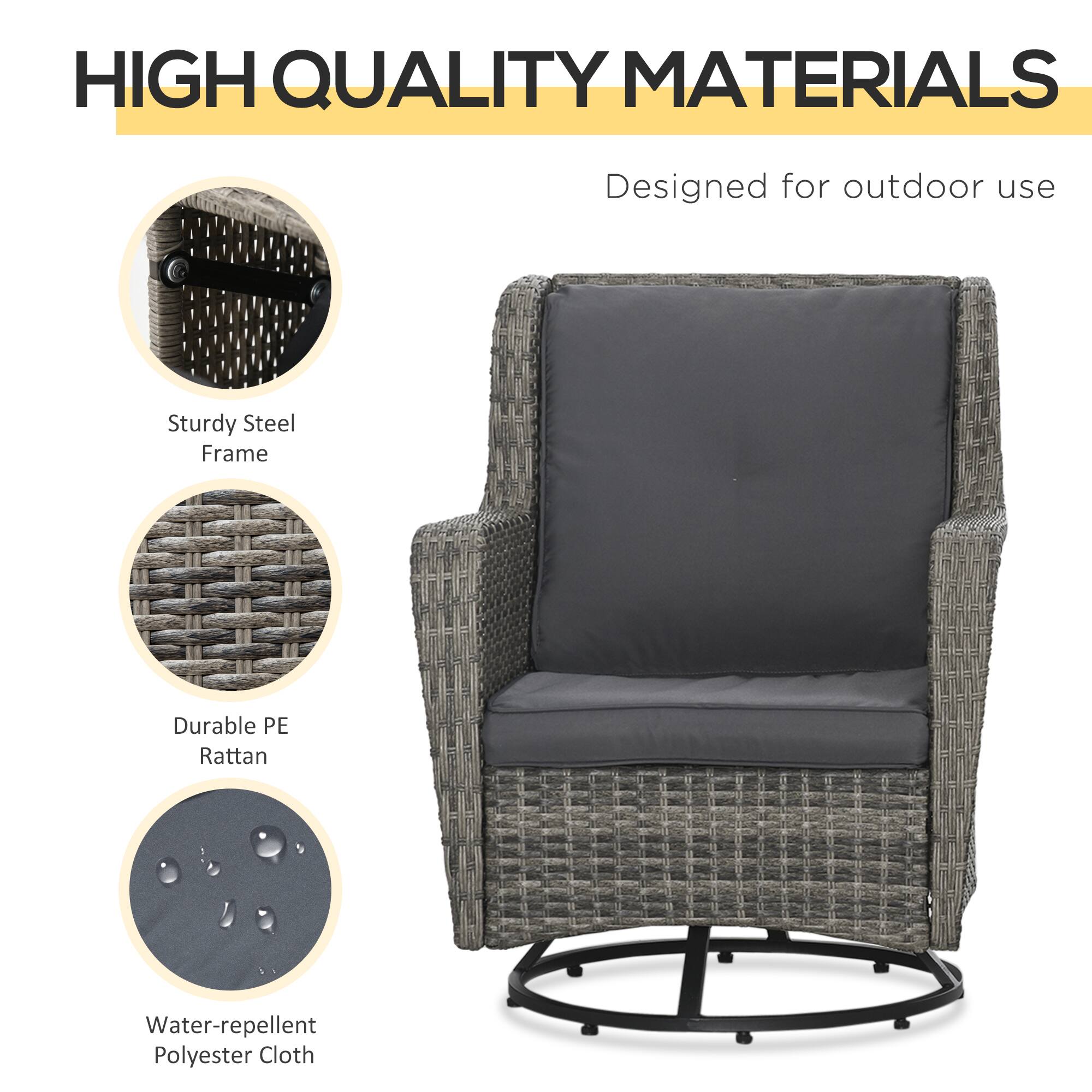 HIGH QUALITY MATERIALS
Designed for outdoor use
Sturdy Steel Frame
Durable PE Rattan
Water-repellent Polyester Cloth