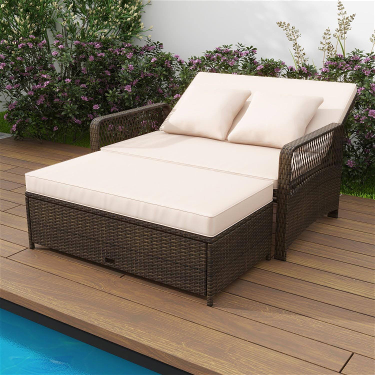 Angle. Pefilos - Outdoor Patio Level Adjustable Wicker Daybed with Backrest and Soft Cushions, Conversation Loveseats for Garden - Beige.